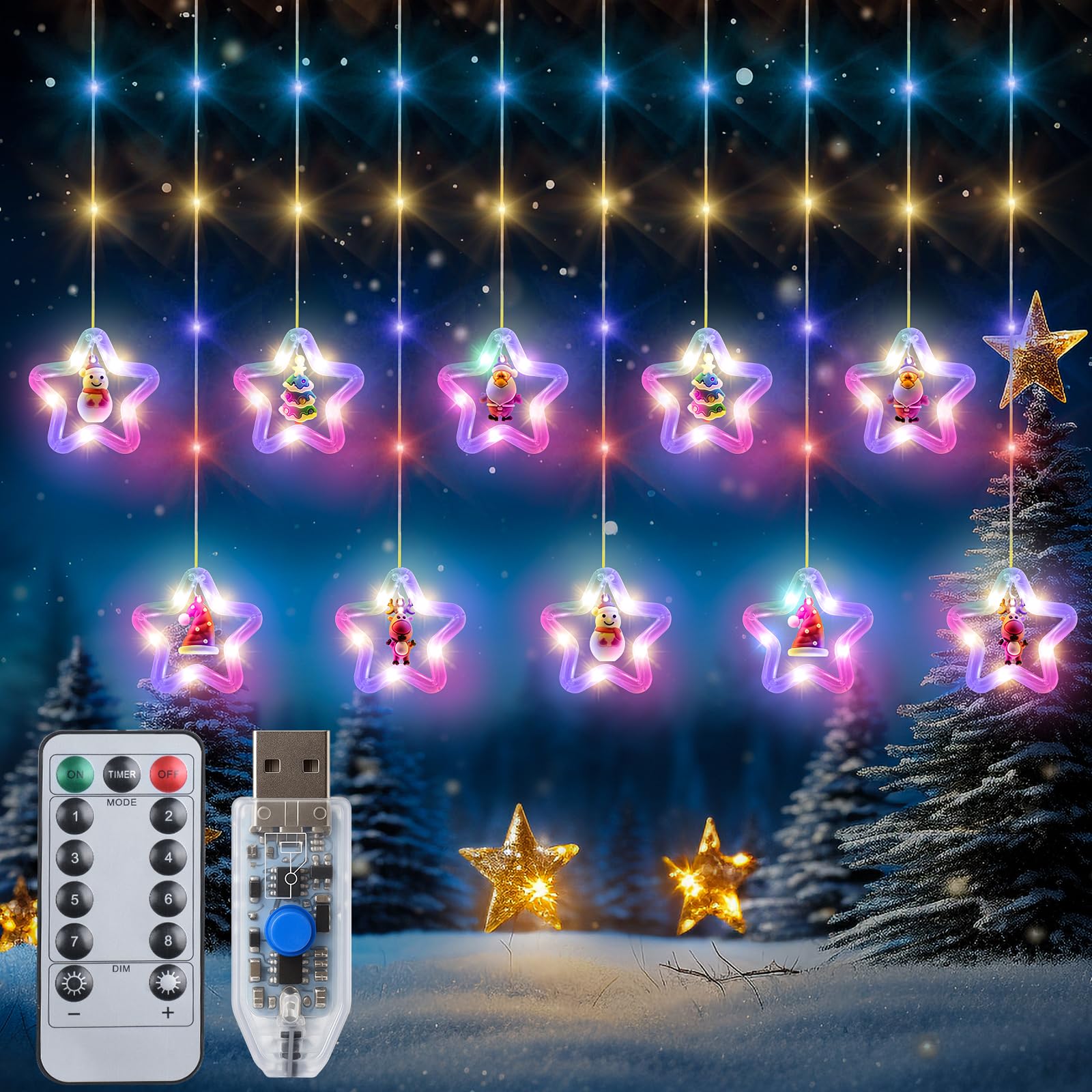 Qoosea Star Curtain Fairy Lights, 8 Modes 100 LED 3-M Christmas Window String Lights USB Powered, Waterproof Christmas Decorations for Xmas Garden Party Patio Outdoor Indoor Decoration Colored