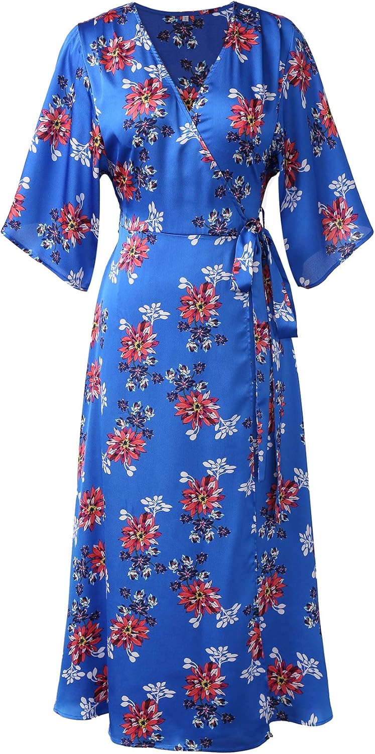 Love of the blue Womens Faux Wrap Dresses Floral Print Half Sleeve Swing Dress at Amazon Women’s