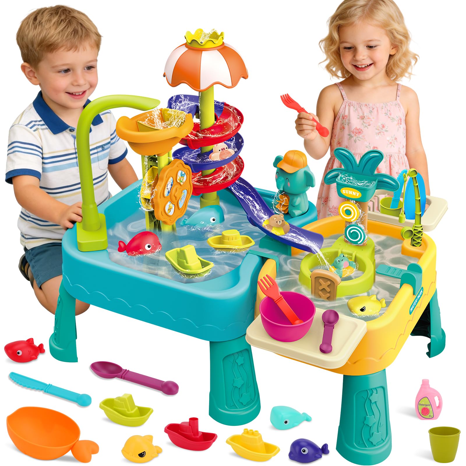 deAO Sand and Water Table for Kids, Electric Play Sink with Running Water, Toddler Sand Water Activity Table with Fishing Toys & Splash Pond, Indoor Outdoor Sensory Summer Toy for Boys Girls Age 3+