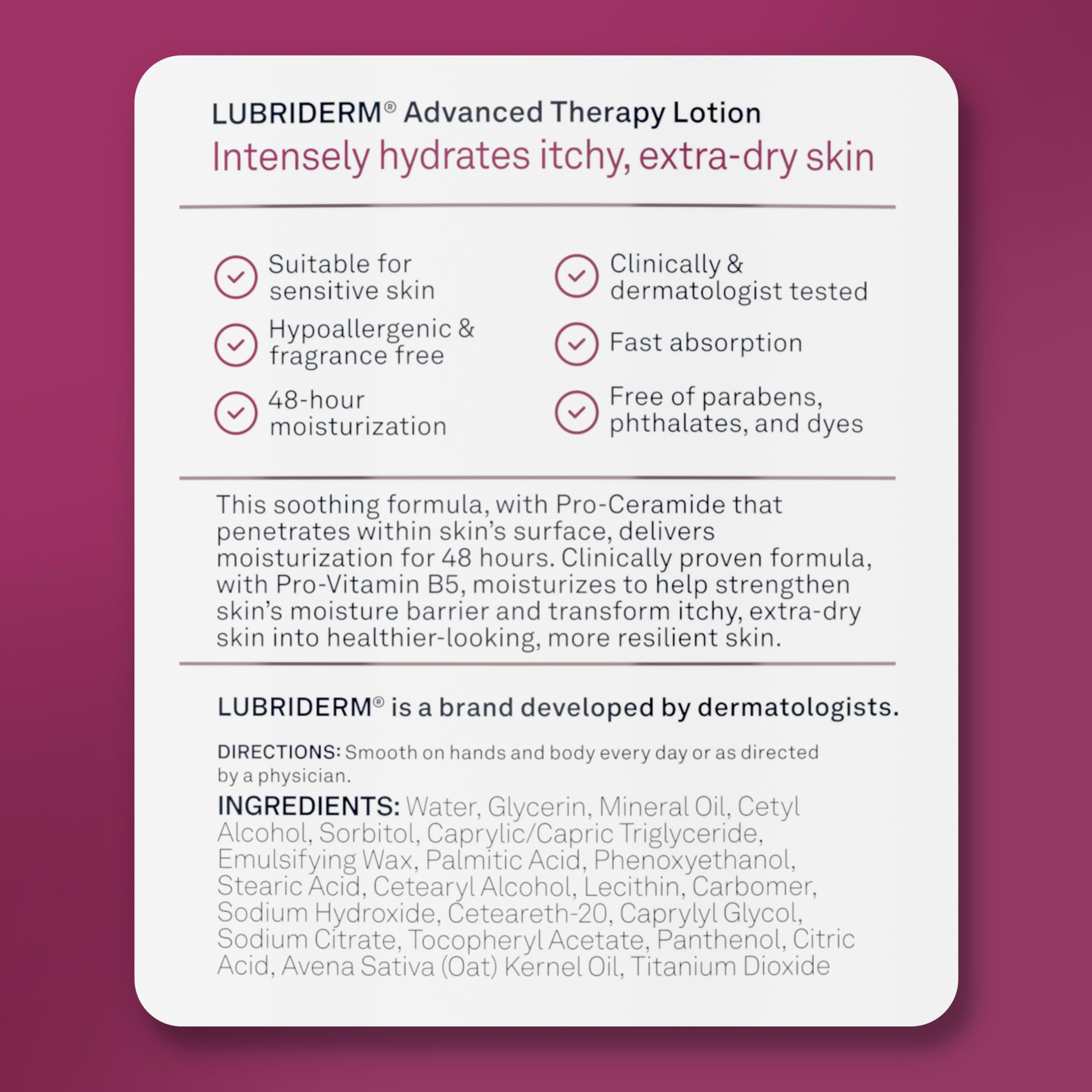 Lubriderm Advanced Therapy Moisturizing Lotion with Vitamins E and B5, Deep Hydration for Extra Dry Skin, Non-Greasy Formula, 32 fl. oz