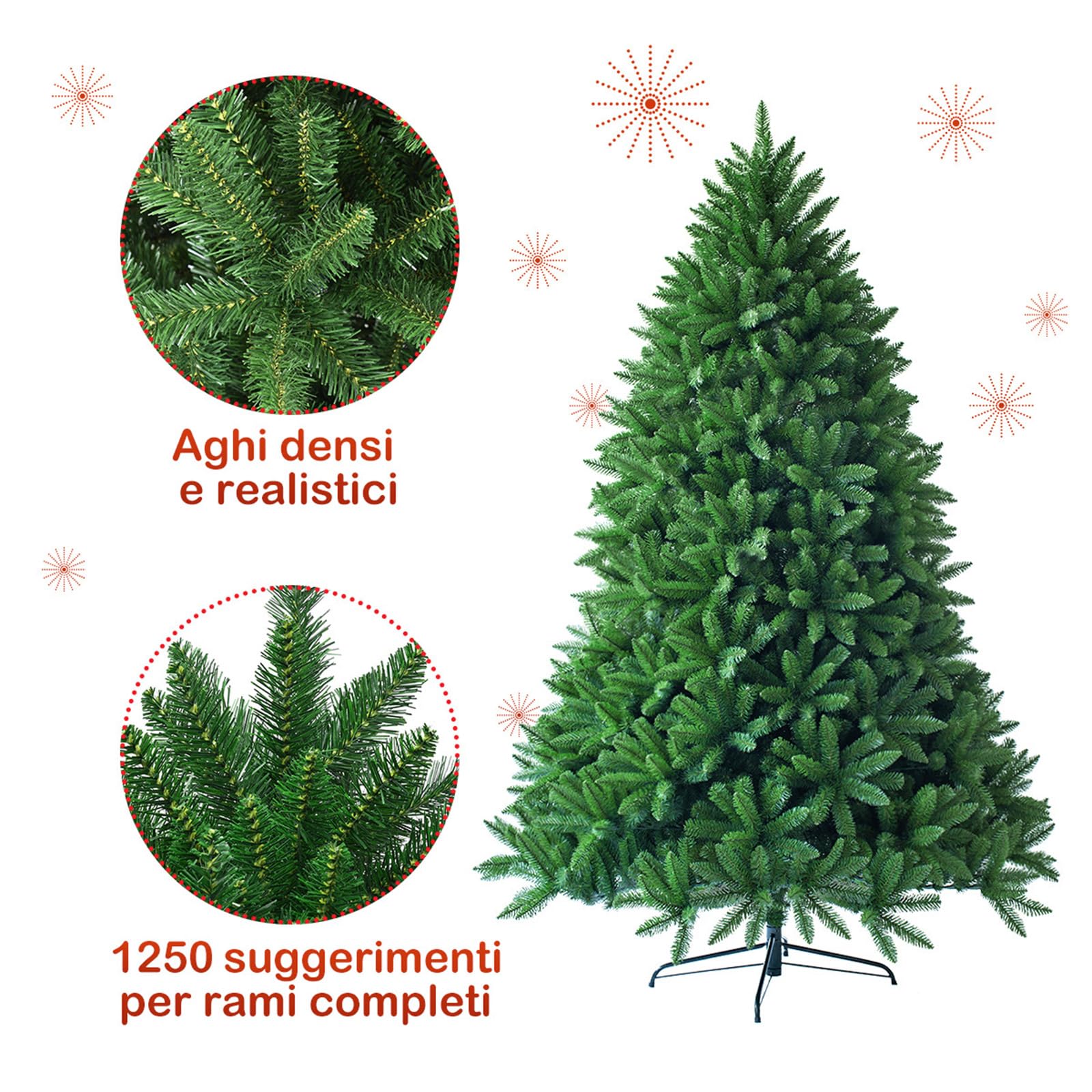 COSTWAY Albero di Natale 150/180/225 cm, Albero di Natale Artificiale con 600/1250/1968 Rami e Supporto in Metallo, Decorazione Natalizia per Casa, Ufficio e Negozio (180 CM)