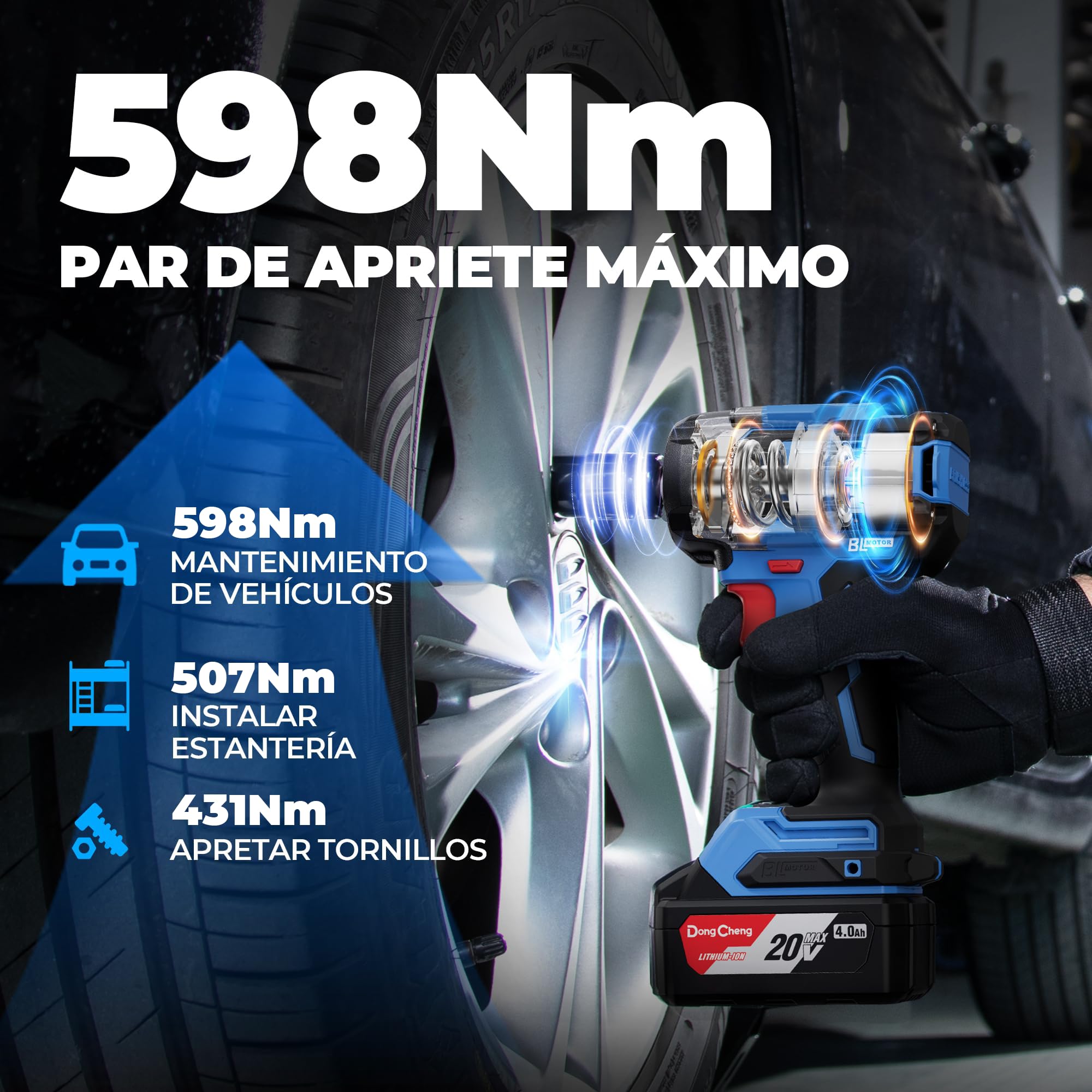 DongCheng Llave de Impacto Inalámbrica 20V 4.0Ah Batería 800 Nm de Par Llave de Tuercas Eléctrica 2400 rpm 4 Velocidades con Dados 17-24mm y Luz LED para Cambiar Ruedas Mecánica Coche Taller Obra