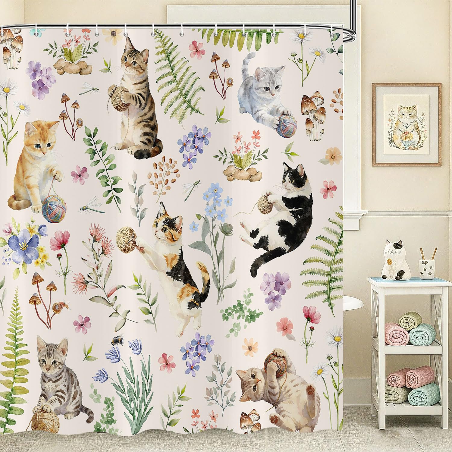 Rideau de douche chat étanche lavable textile polyester floral bohème avec crochets