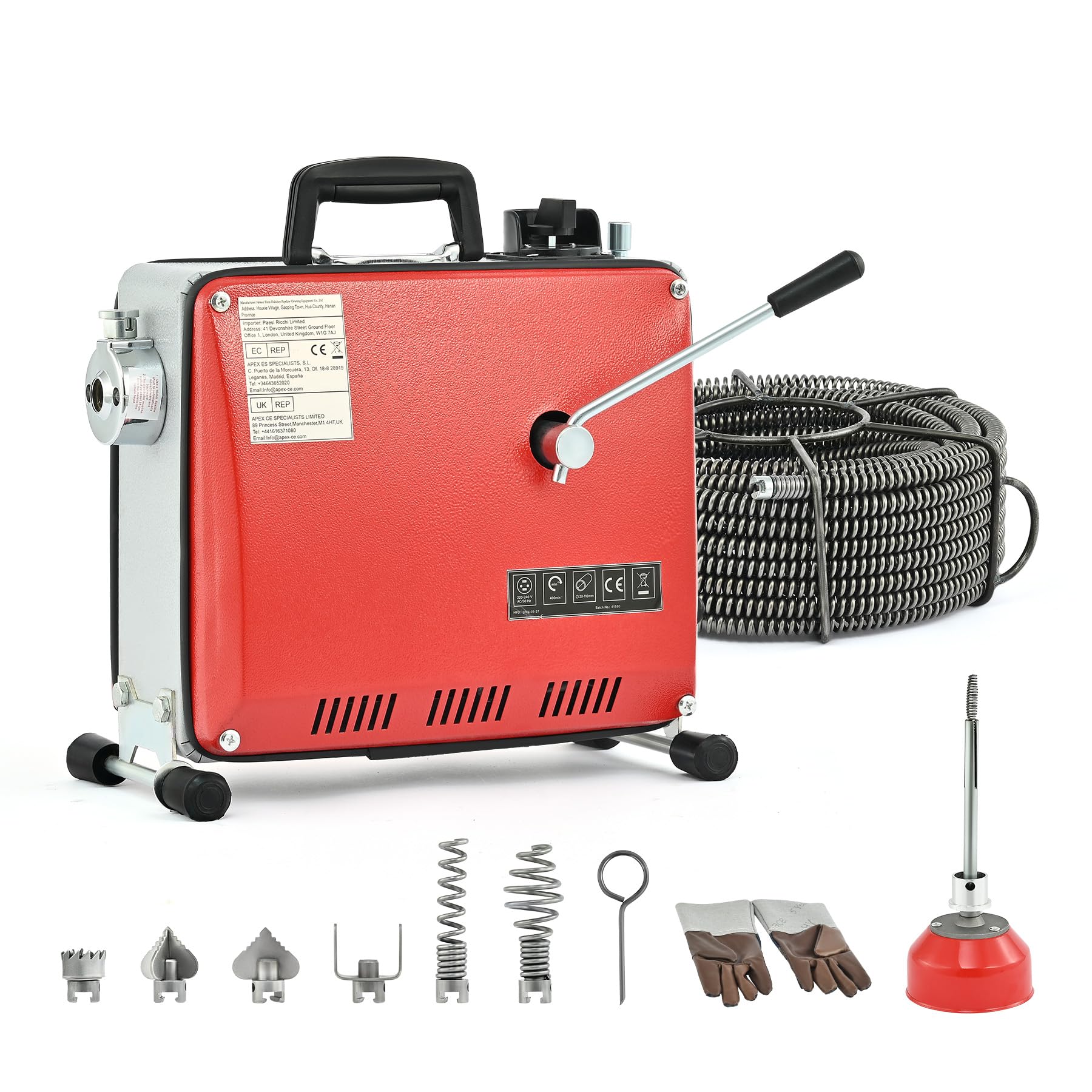 ZELCAN 400W Macchina Sturatubi Elettrica, Coclea di Drenaggio Elettrica, Pulitore Elettrico di Scarico Tubo 400r/min Drenaggio a Spirale con Scovolini 6 Teste e 20M Molle per Lavello Doccia WC