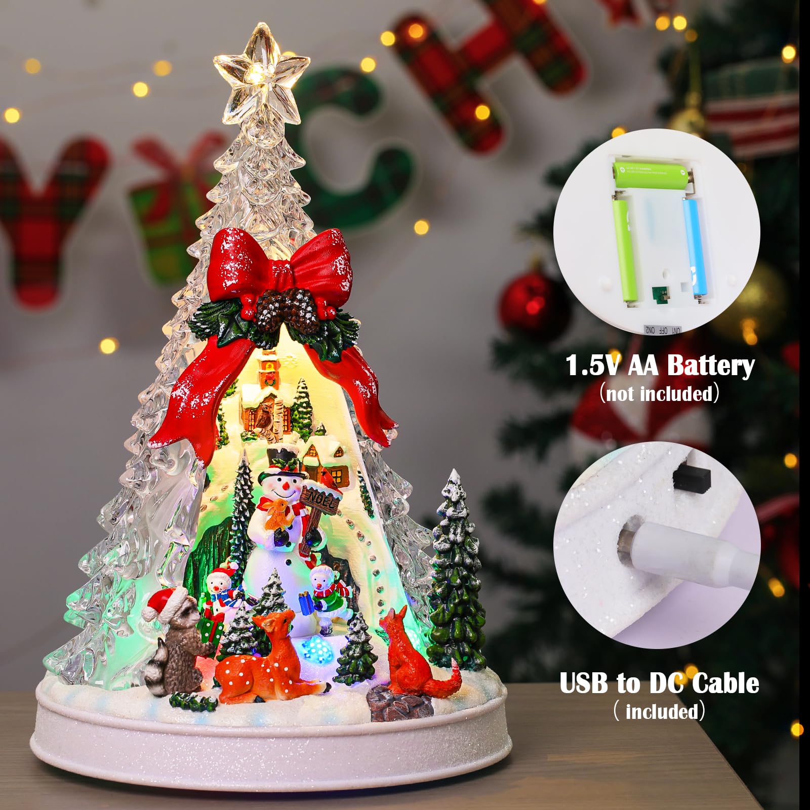 Priddop Escena de pueblo de Navidad, decoraciones navideñas para el hogar, regalos iluminados, música, USB/batería, figuras coleccionables de edificios (árbol de Navidad)