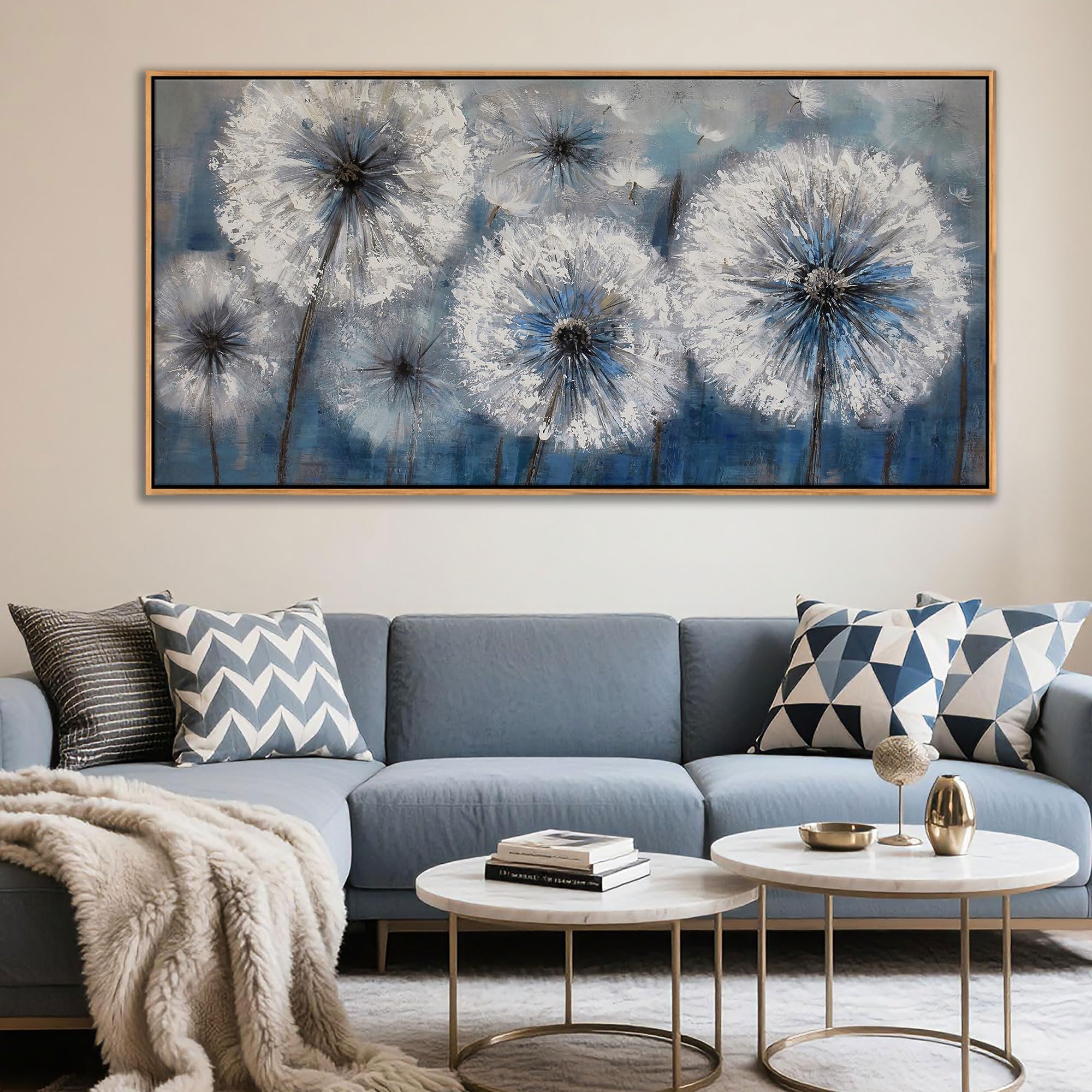 Dandelion Wall Art Blue Canvas Print Picture Framed Wall Art for Living Room Large White Flower Flora Home Decoration Modern(With Soild wood dark framed) Bedroom Artwork Wall Decor
