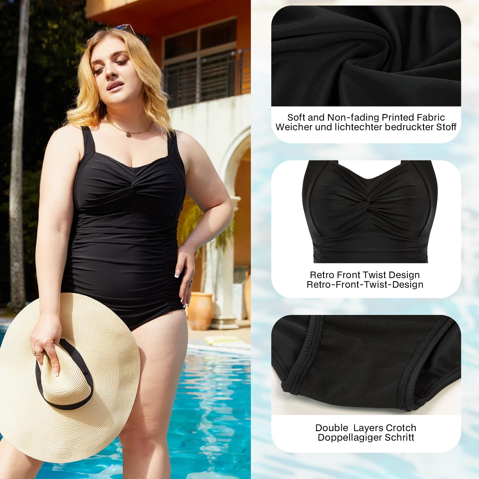 Hanna Nikole Damen Große Größen Einteiliger Badeanzug Bauchweg Bademode Swimsuit V-Ausschnitt Ruched Monokinis
