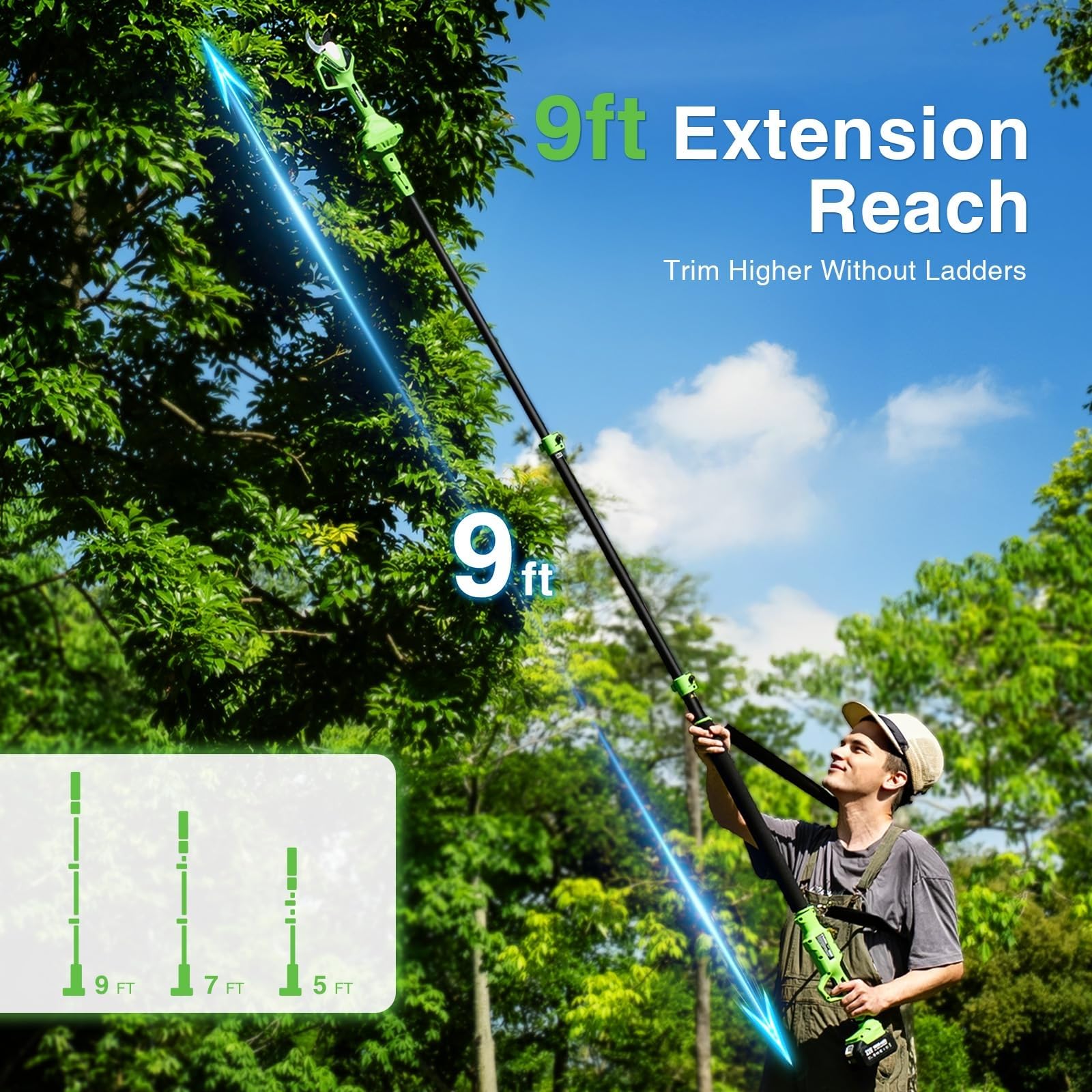 TaskStar Akku Astschere Teleskop: 2-in-1 Elektrische Gartenschere mit Teleskopstange - Bürstenloser Motor, 2x 4,0Ah Batterie, Extra SK5 Klinge, 2 Modi, 40mm Astschere für Baum & Blume