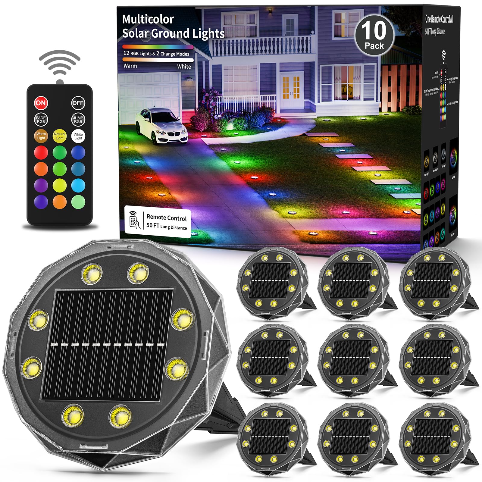 Photo 1 of Pouwdl Solar Ground Lights with Remote, Color Changing Solar Disc Lights Waterproof, Flat Solar Powered Outdoor Landscape Lighting for Pathway, Yard, Deck, Lawn, Patio, Walkway, Poolside, 10 Pack