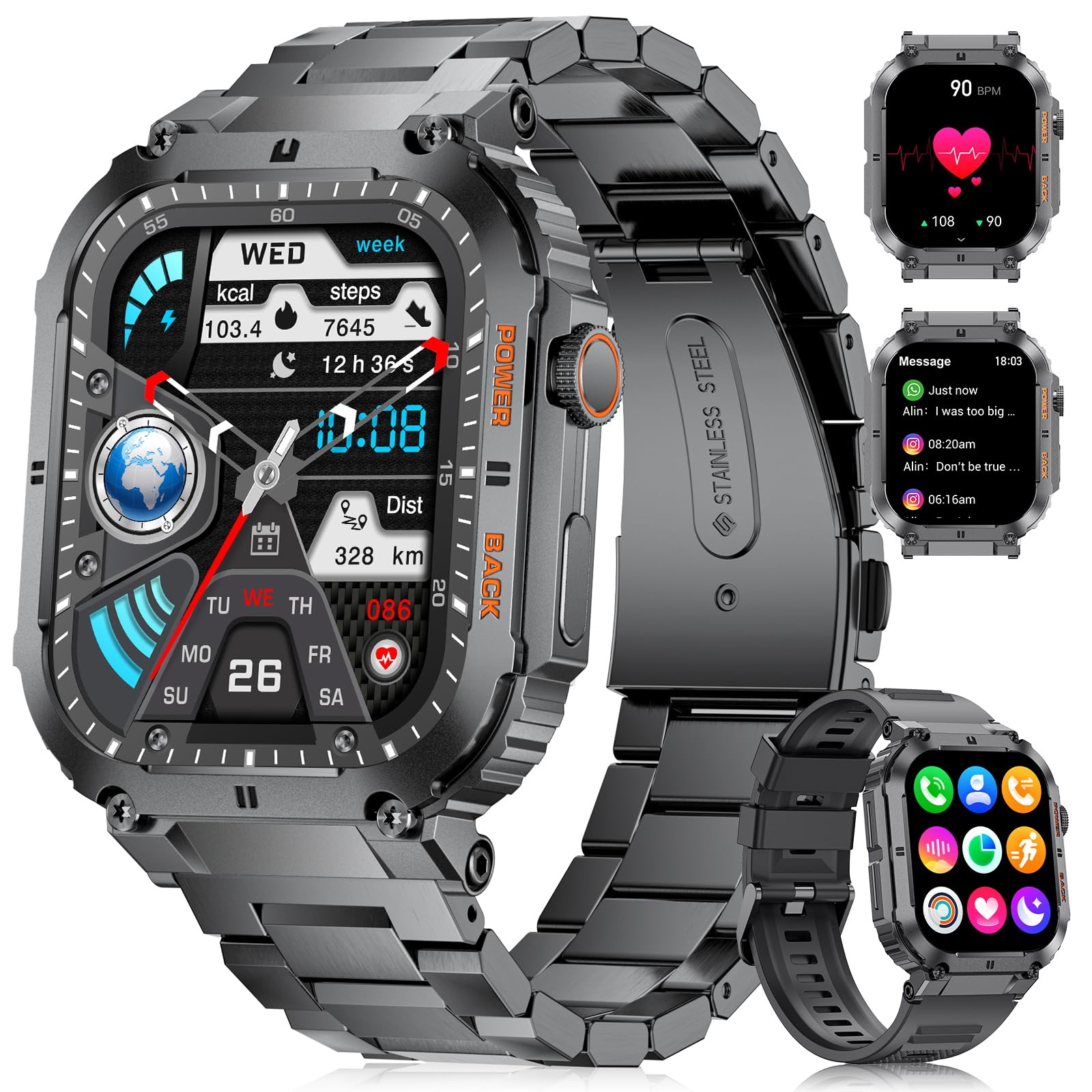 Smartwatch Uomo Militare con 1,96 Pollici Schermo Grande, Funzione di Chiamata, Impermeabile 5ATM, 100+ Sport Modes 400mAh Lunga Durata Batteria Frequenza Cardiaca Android iOS Orologio Sportivo Uomo