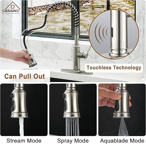 Miniatura 3 de CASAINC Grifo de cocina con rociador extraíble de níquel cepillado, 7 funciones, 3 modos de pulverización, sin contacto, 1.8 gpm, grifo de fregadero