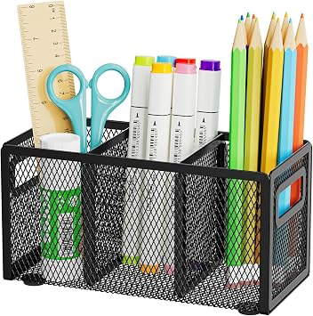 Marbrasse Mesh Pen Holder for Desk, Pencil Holder Desk Organizer 3 Adjustable Compartments, Pencil Cup with Handle Perfect for Classroom, Office, Home, Makeup, Art Black