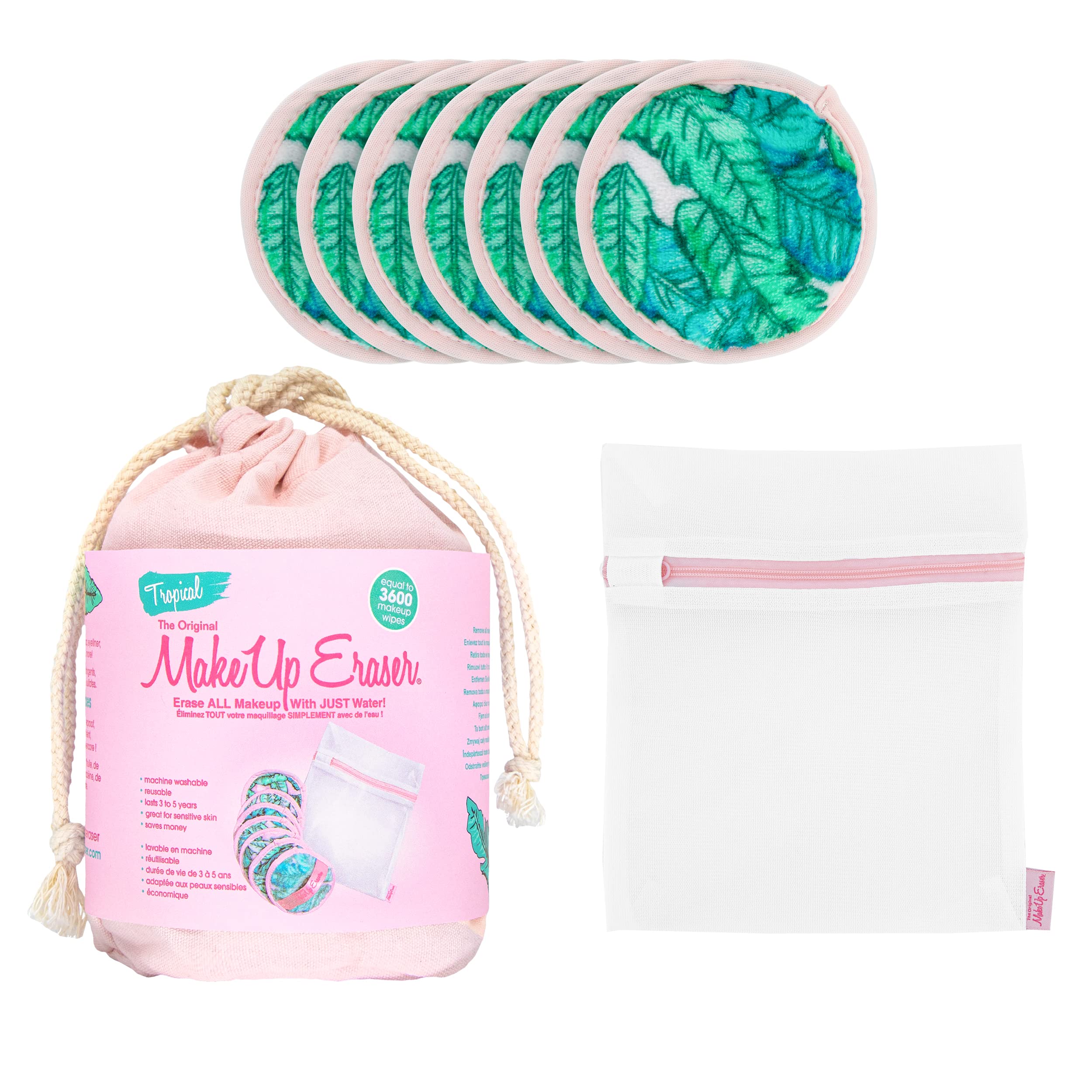 MakeUp Eraser 7-Day Set, Erase All Makeup With Just Water, Including Waterproof Mascara, Eyeliner, Foundation, Lipstick and More (Pink/Green Tropical)