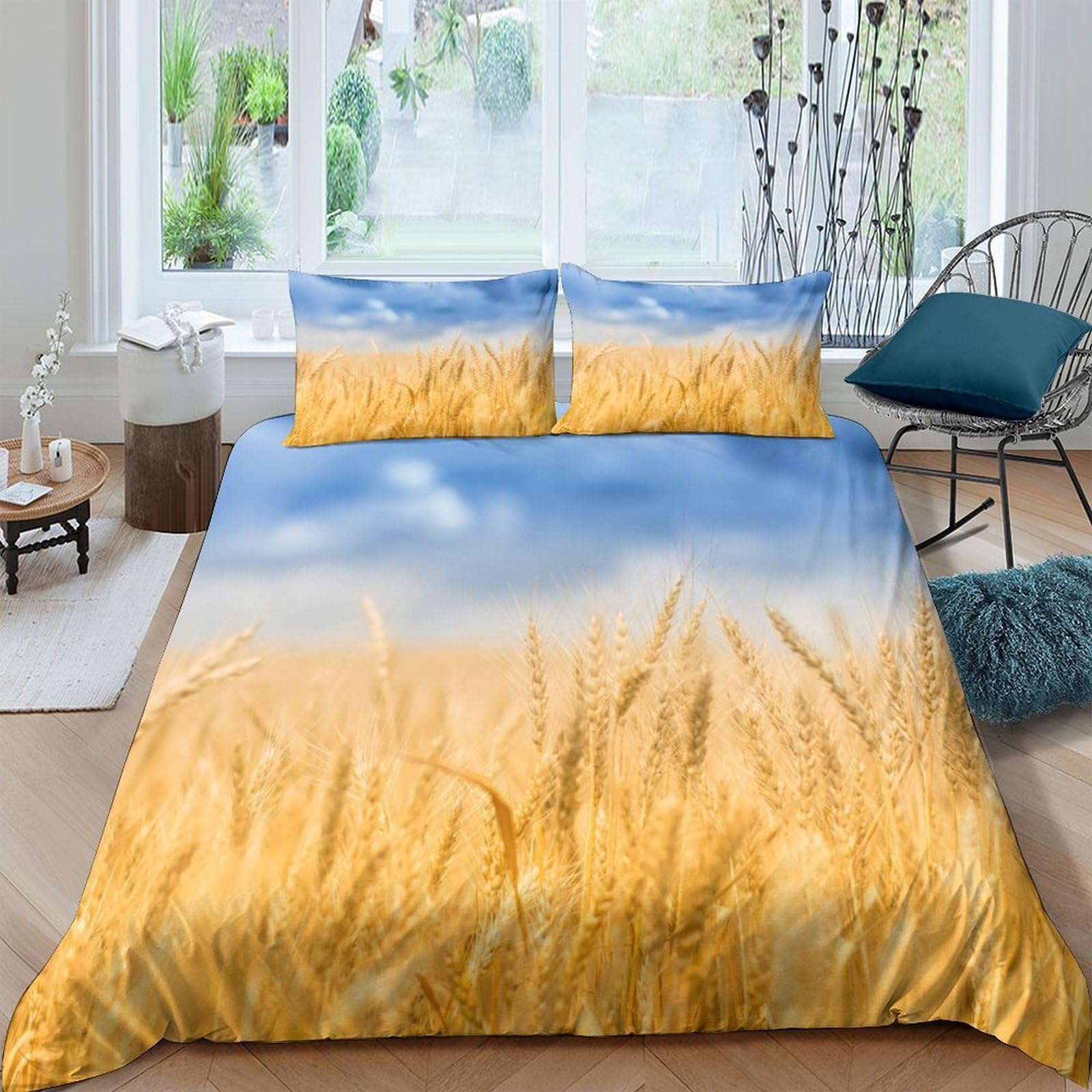 Ctjqhvkz Style-10 3D Printed Wheat Field Fitted Sheet Microfiber Soft Breathable Blue Sky Bed Cover For Bedroom Guest Room Decor Single（135X200cm）
