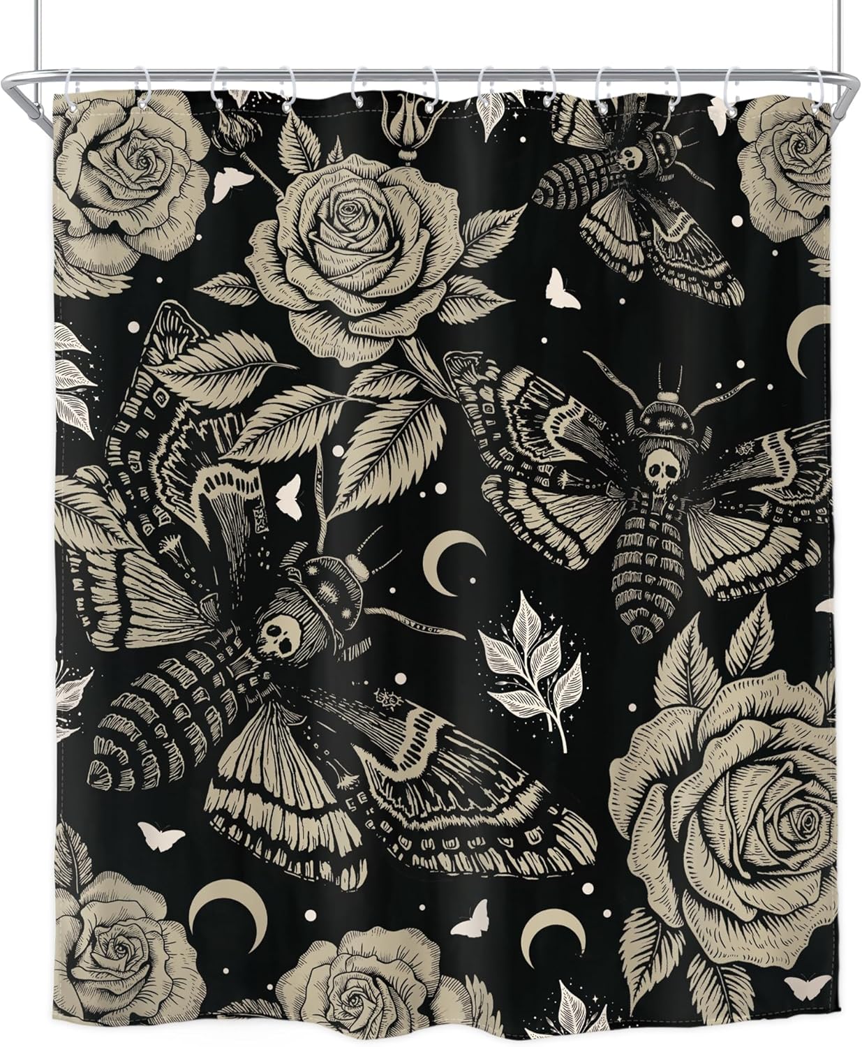 Homewelle Gothic Moth Skull Shower Curtain Mysterious Butterfly Flowers Plants 60Wx72H Inch Vintage Floral Retro Leaves Moon Night Starry Sky Stars Black Waterproof Polyester Fabric Bathroom Bathtub