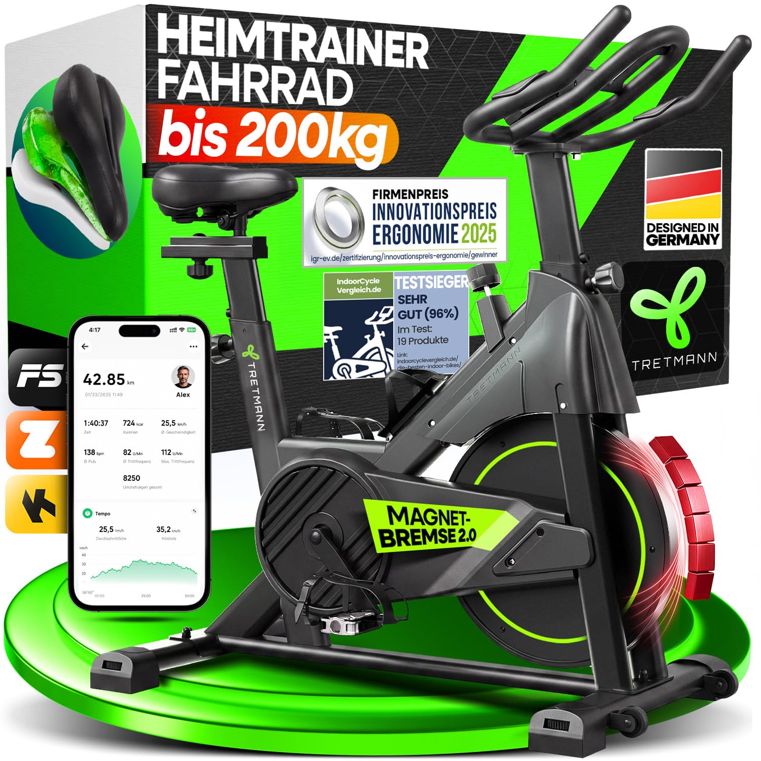 NEU Tretmann Heimtrainer Fahrrad 200 kg belastbar + APP - extra bequem