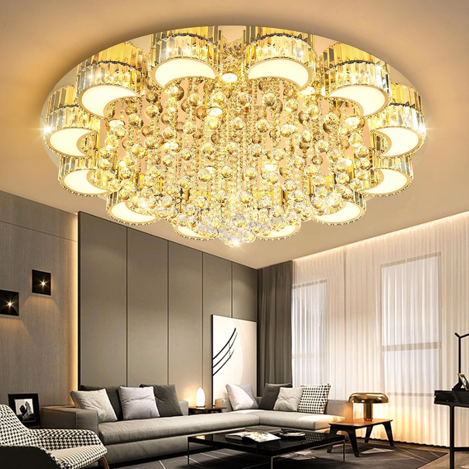 47" Gold Modern Crystal Chandeliers for Dining Room LED Dimmable Light Fixtures Flush Mount Light Living Room Bedrooms