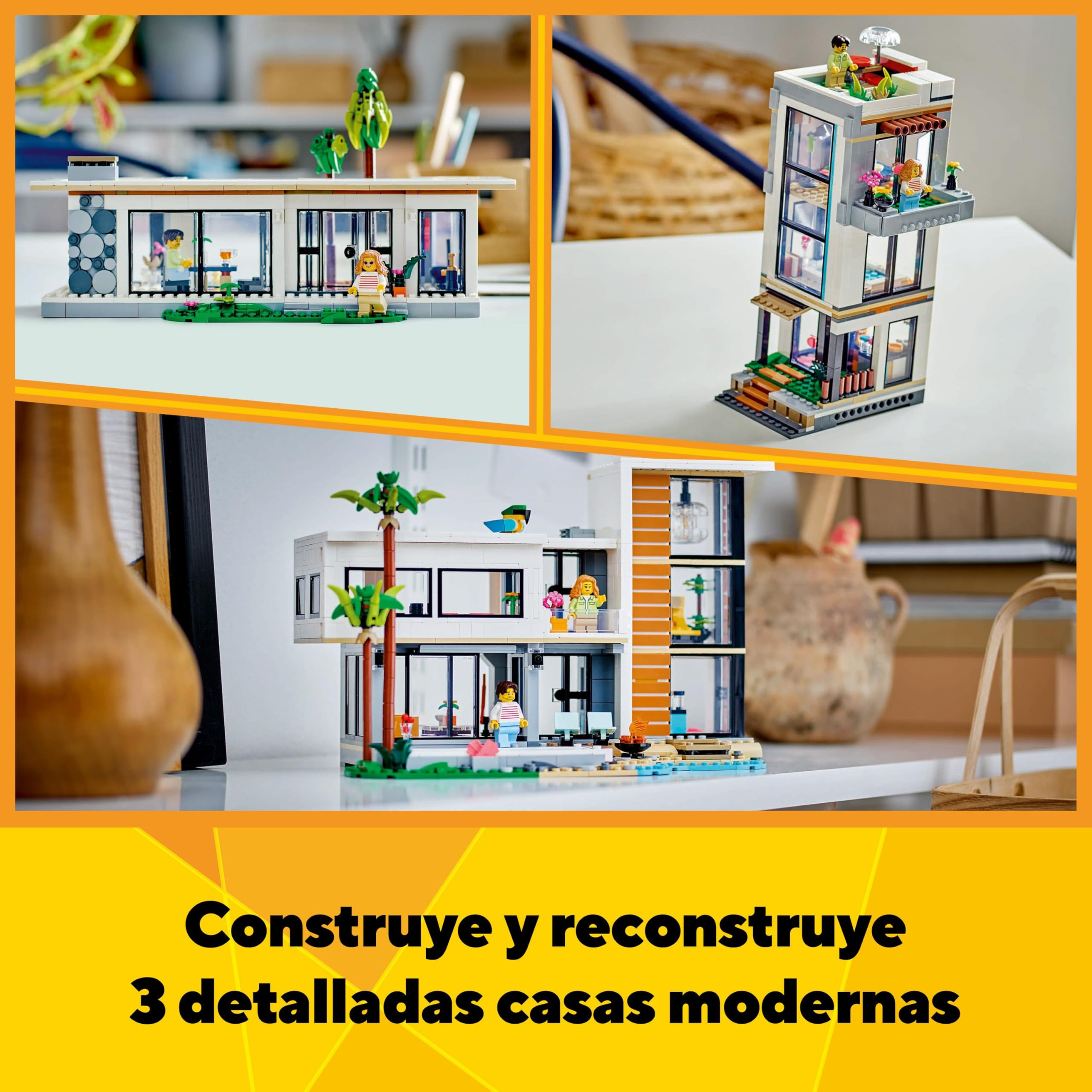 LEGO Creator 3 en 1 Casa Moderna de Juguete Convertible en Edificio de 3 Plantas o Cabaña del Bosque, Kit de Construcción con 2 Minifiguras, Regalo para Niños y Niñas de 9 Años o Más y Artistas 31153