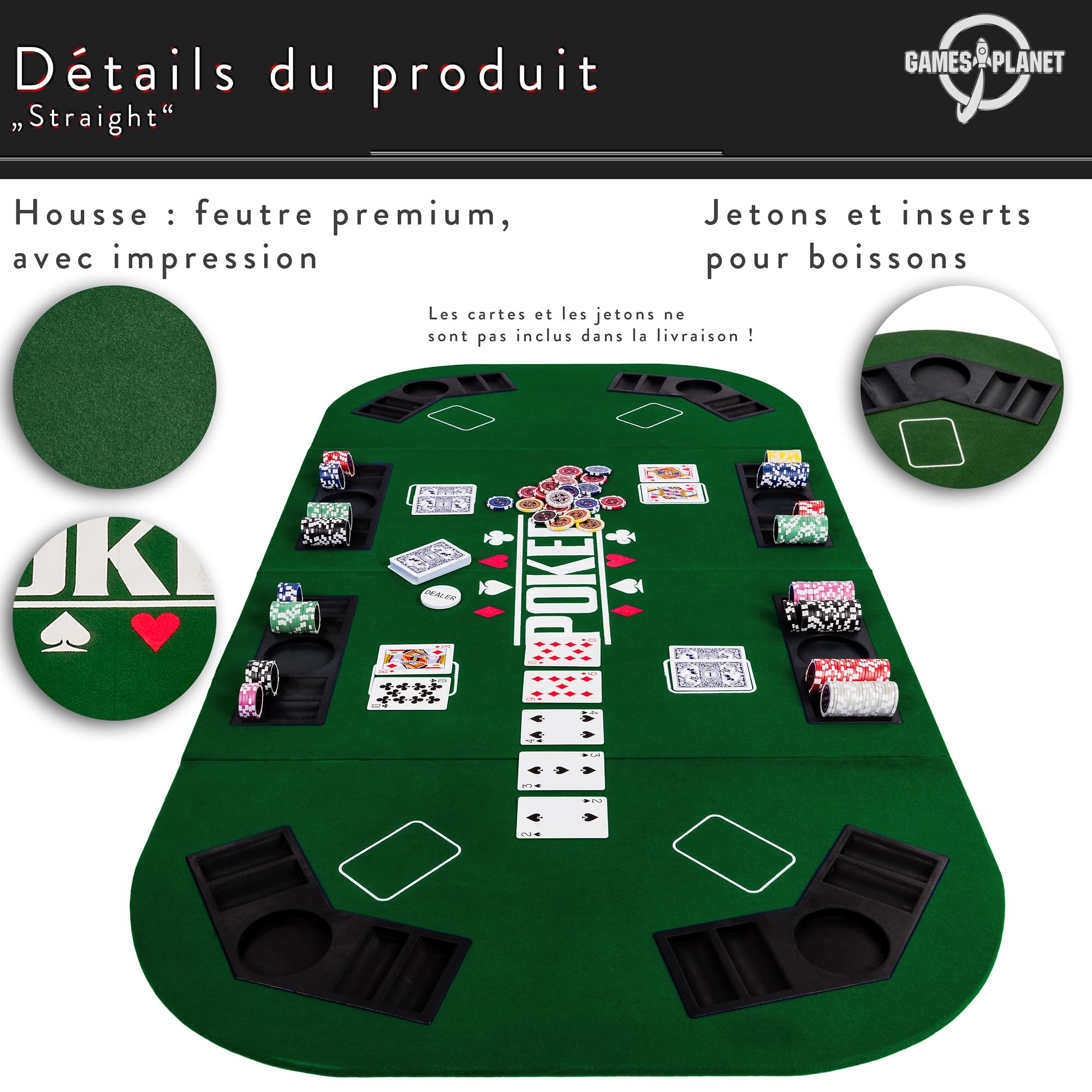 GAMES PLANET Support de Poker Pliable Straight pour jusqu'à 8 Joueurs, Dimensions 160x80 cm, Plateau MDF, 8 Porte-Boissons, 8 chiptrays