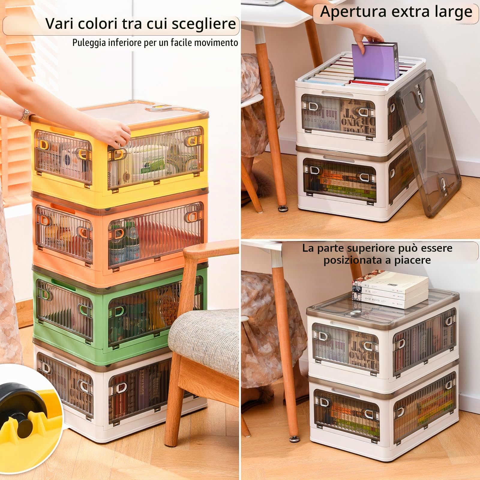 Creahaus Set di scatole portaoggetti in 2 pezzi con coperchio, scatola portaoggetti impilabile da 28 litri con ruote, scatola portaoggetti pieghevole a 5 ante, organizer per giocattoli (Giallo)