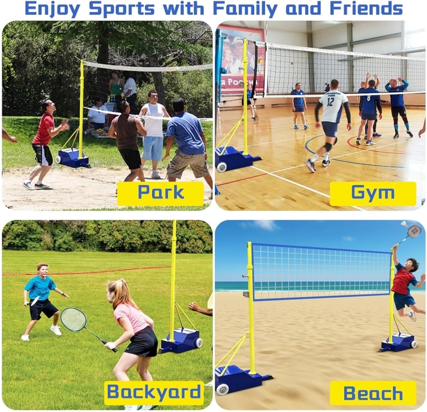 Portable Volleyball Pole System with Net-Adjustable 4 Heights 5.11ft-6.11ft Volleyball Net,Heavy Duty Outdoor Volleyball/Badminton Net Set w/Wheels for Backyard,Beach & Lawn-for Adults & Ki*ds