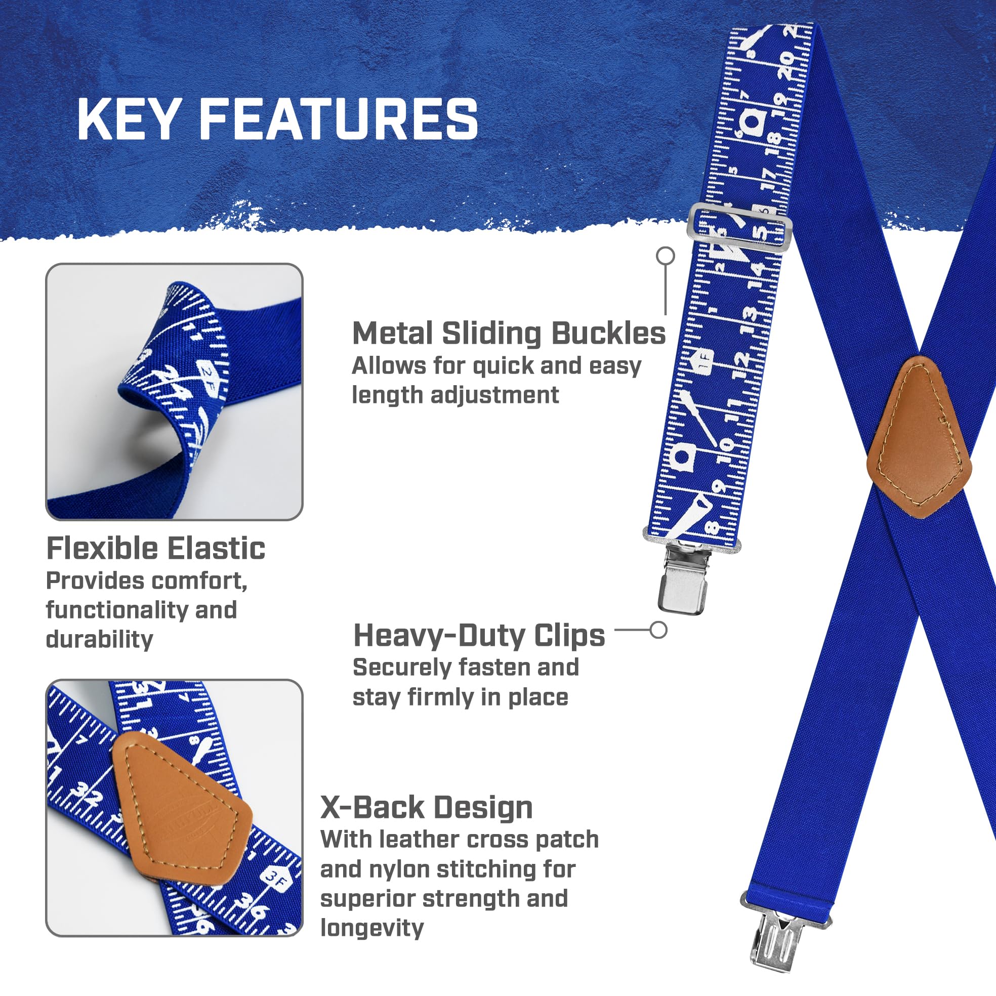 Szelki Faithfull Heavy-Duty – szerokość 50 mm (2 cale) – kolor niebieski | Wytrzymałe szelki przemysłowe typu X z mocnymi metalowymi klipsami i regulacją długości