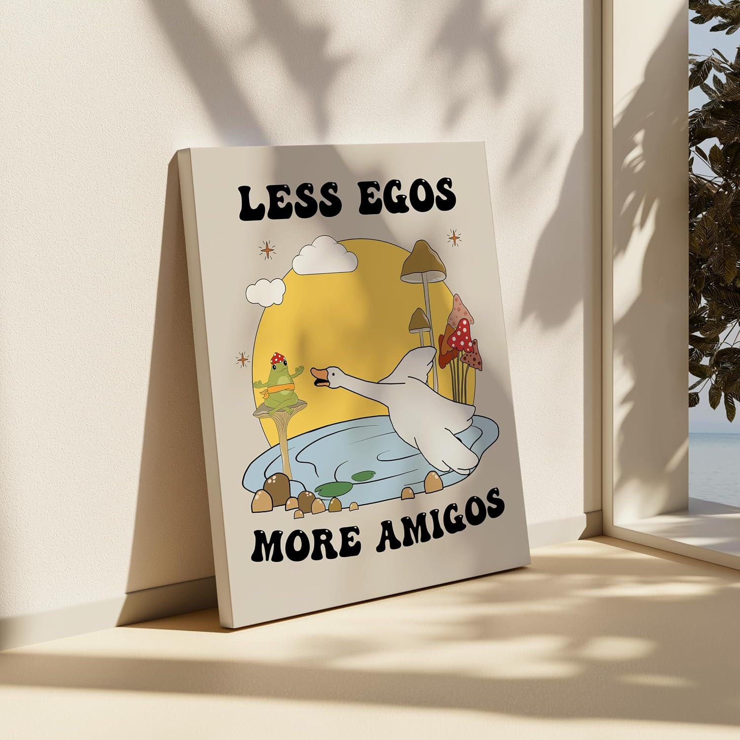Poster Master Less Egos More Amigos - Retro Frog & Goose Print - Friendship Art - Preppy Wall Design - Positive Quote Art - Inspiring Dorm or Living Room Wall Decor - 8x10 STRETCHED Canvas