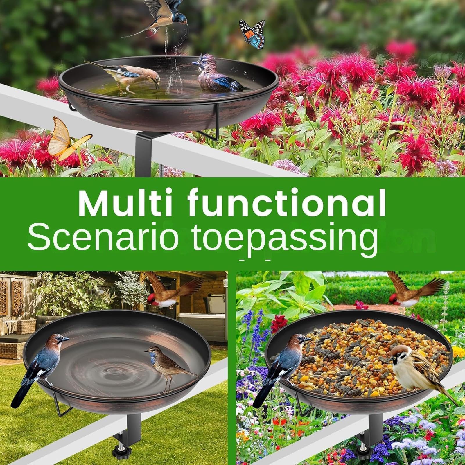 Bebedero para Pájaros de Montaje en Barandilla metálico con montaje en | Cuencos para pájaros para balcón exterior para Exterior, Patio, Terraza, Valla, Porche, Jardín