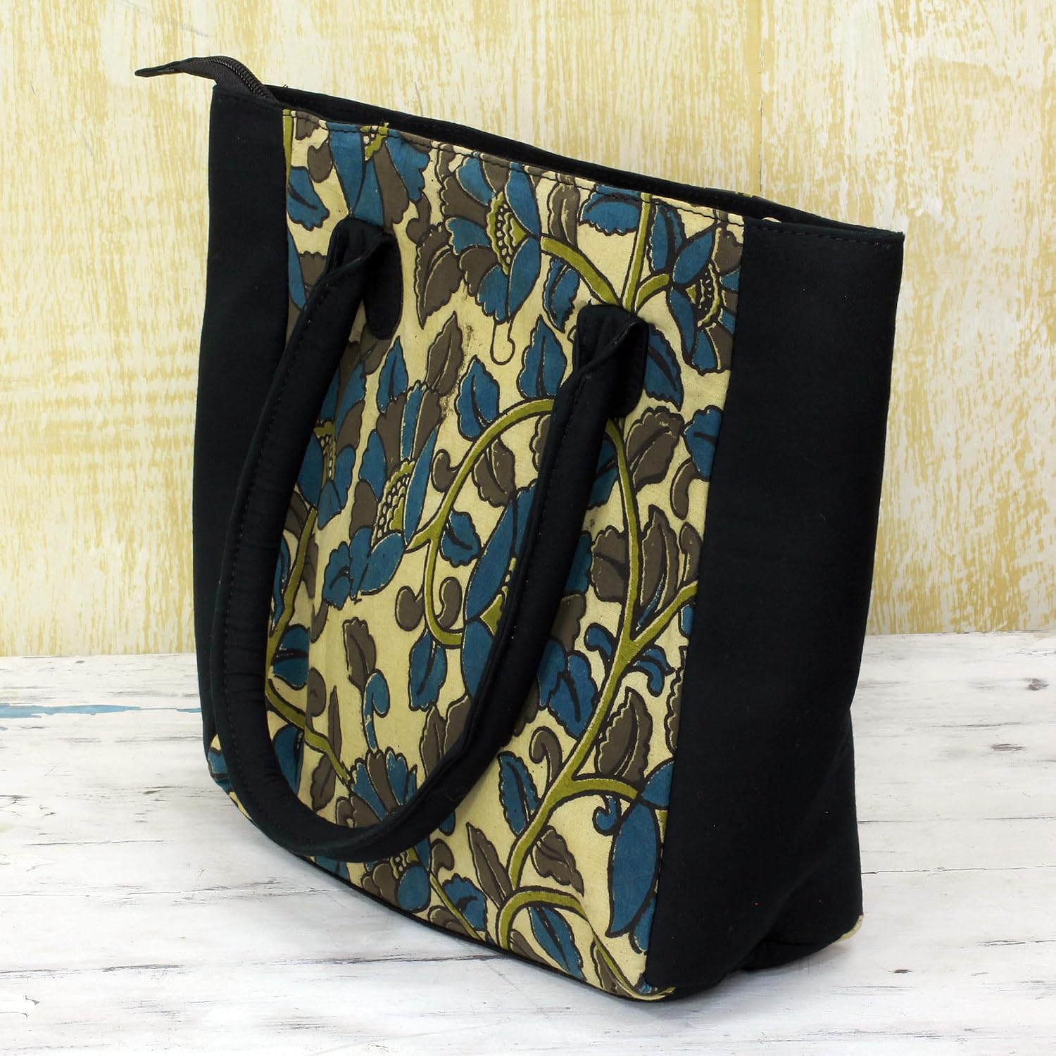 NOVICA Artisan Handmade Batik Cotton Tote Handbag 100% in Teal Olive India Handbags Black Patterned Floral ' Floral Thicket in Olive'