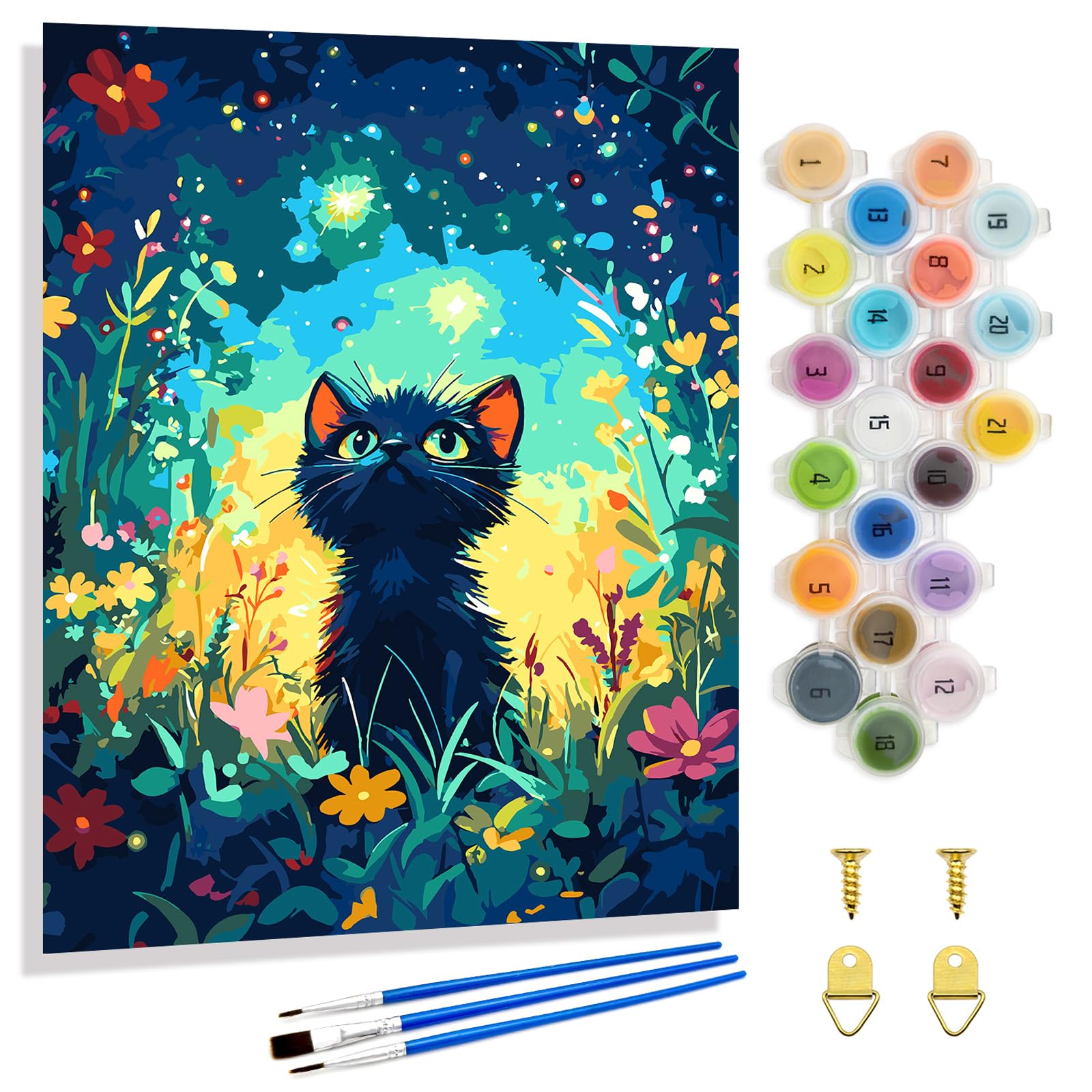 Yunnuo Black Cat Paint by Numbers Kit for Adults Beginner,16x20 inch Canvas Paint by Number Kits with 3 Brushes,Starry Night Cat Number Painting for