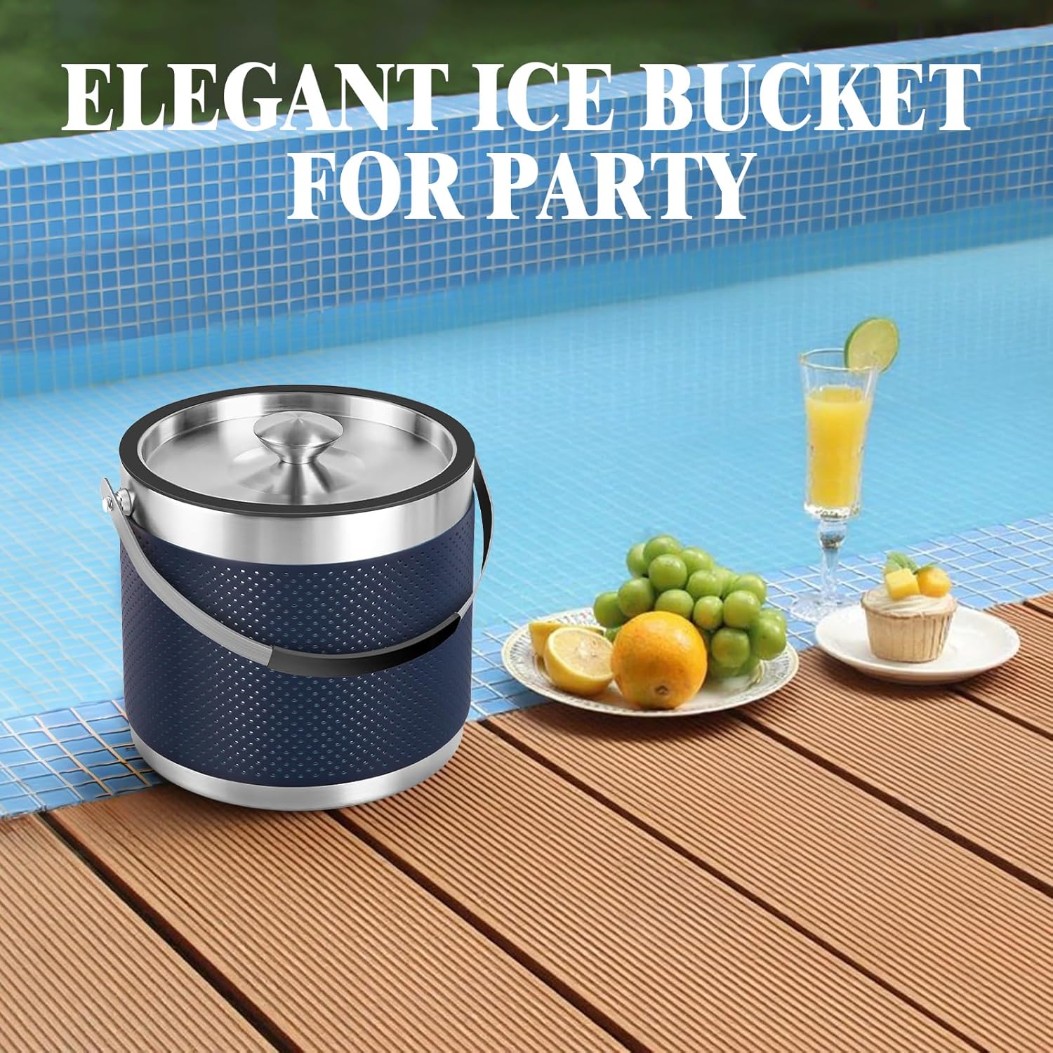 3Quart/3.2L Insulated Stainless Steel Ice Bucket with Lid, Scoop, Leather Design Double Wall Wine Bucket for Cocktail Bar, Parties (Dark Blue) - Image 8