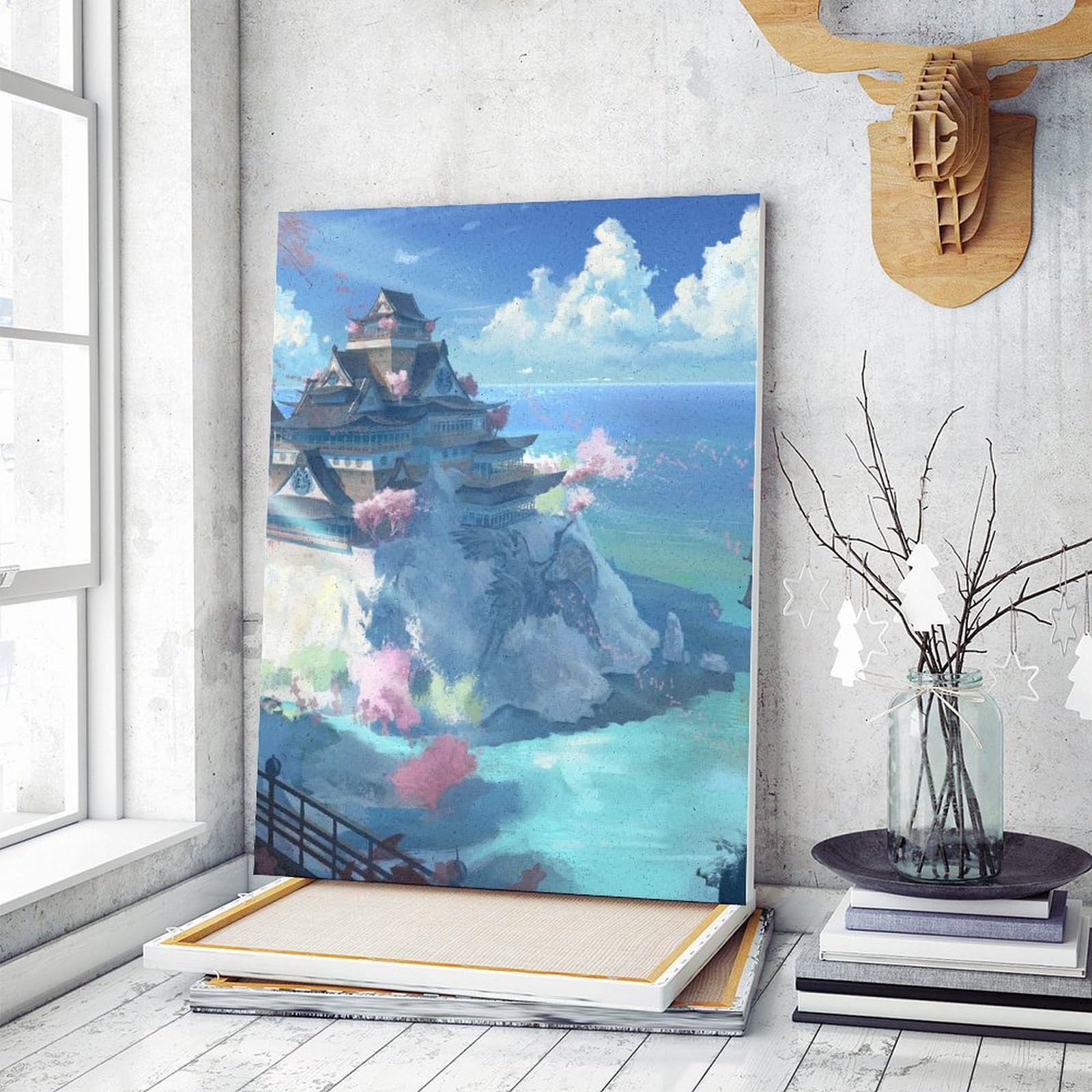 Amazon.co.jp: 数字油絵 アニメの風景 桜の木 古建築 鹤柄 木製