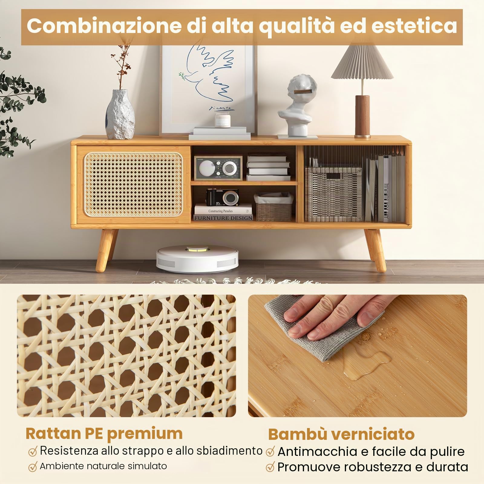 GIANTEX Mobile TV da 120 cm con 2 Ripiani，Supporto TV in Bambù, con Porte Scorrevoli in Rattan e Vetro Temperato,120,5x31x45,5 cm