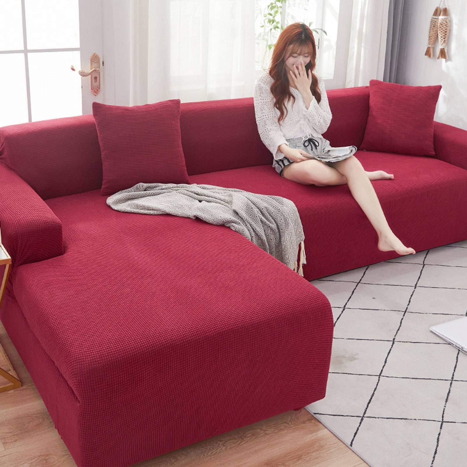 Housse de canapé extensible 3+3 places bordeaux pour salon avec fond élastique