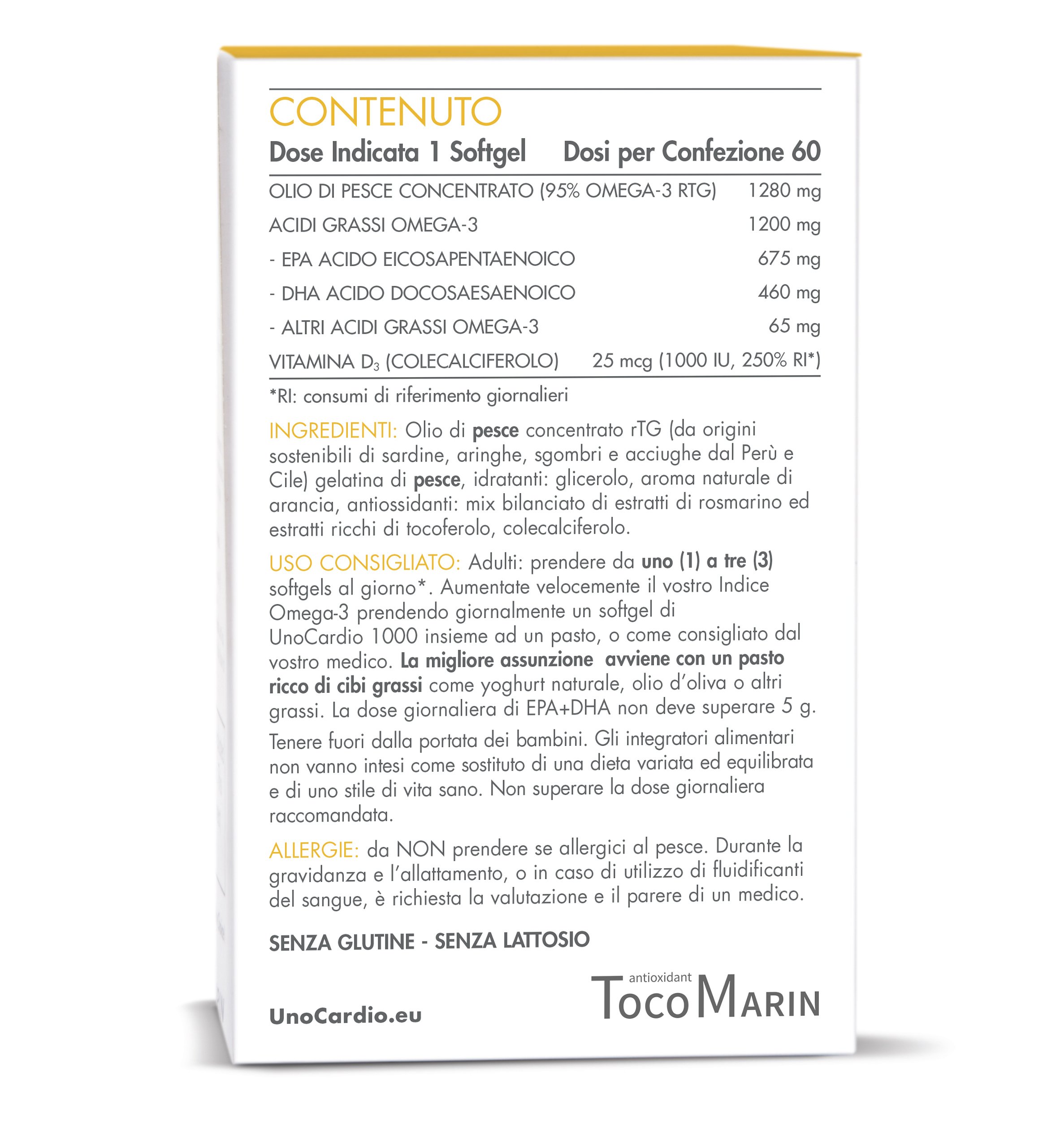 Unocardio 1000 Omega 3 Concentrato al 95% + Vitamina D 1000 IU, 60 Capsule da 1200 mg estratto a Freddo, 5 Stelle IFOS