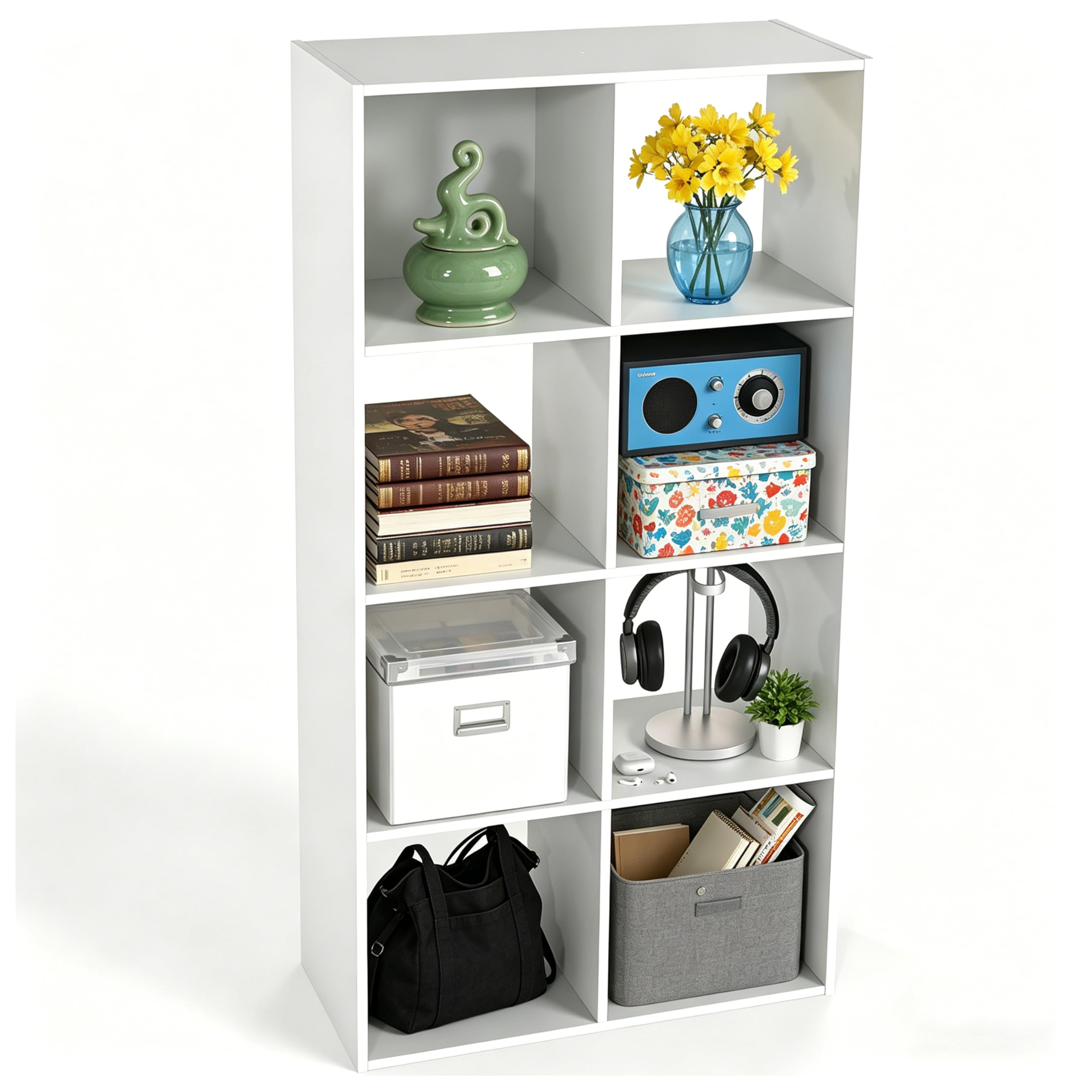 HealSmart 8 Cube Storage Organizer, 4 Tier Stackable Bookshelf, Open Cube Bookshelf with 4 Removable Back Panels, Suitable for Living Room, Bedroom, Home Office, 47.7" L X 11.6" W X 24" H, White