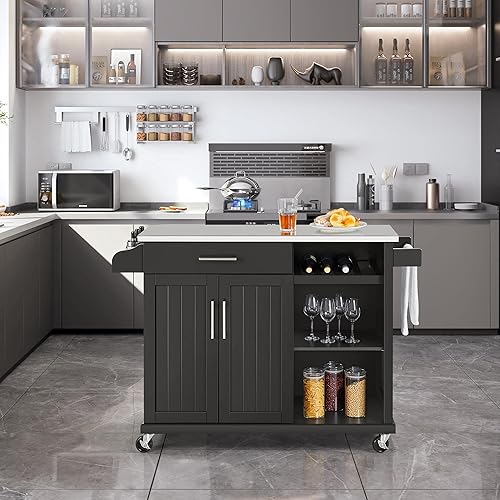 Miniatura 2 de Topeakmart Isla de cocina con tapa de acero inoxidable y gabinete de almacenamiento, carrito de cocina con ruedas con cajón y estantes abiertos y