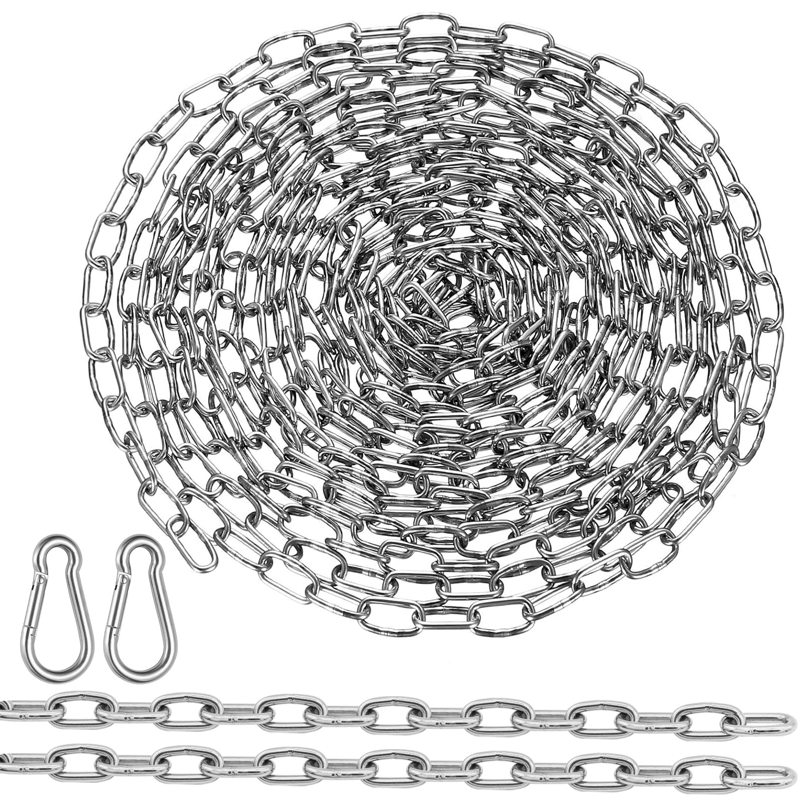 TAIHOBO 304 Stainless Steel Chain: 5 Metre 2mm Heavy Duty Chain Links with 2 Carabiners, for Hanging Lamp Birdhouse Clothesline, Gate Chains Lock for Fences Garage/Pet Cages/Horse Goat Cow Corral