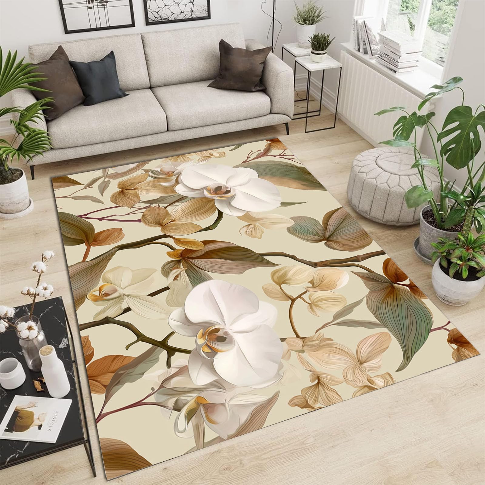 Tapis antidérapant lavable crème motif feuille phalaenopsis blanc 200x300cm grand tapis salon
