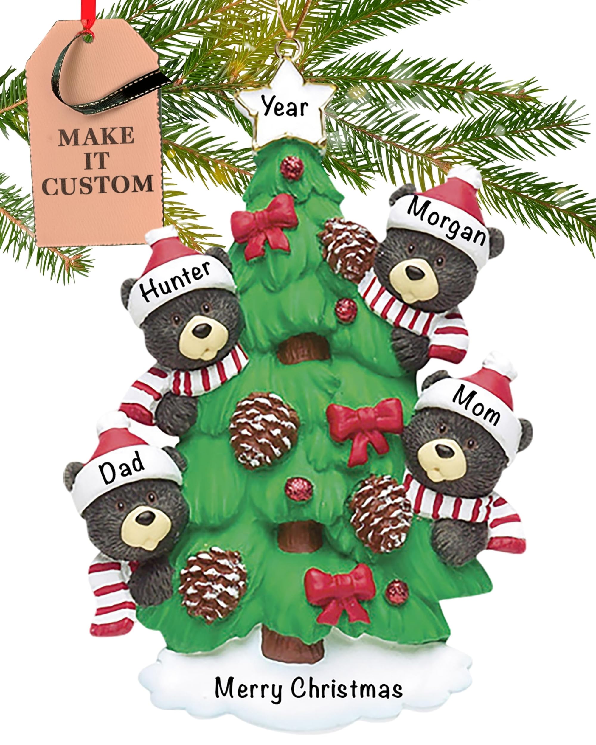 Holiday Traditions Multicolor Personalised Family Of 4 Ornament 2025 – Fast & Free 24H Customisation – Black Bear Christmas Ornaments For Tree – Custom Gift Wrapped Xmas Keepsake For Four Persons