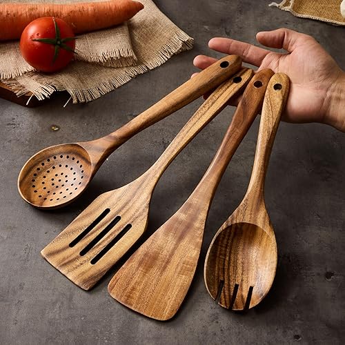 Miniatura 4 de Juego de utensilios de cocina de madera de 12 piezas, cucharas de cocina de madera de teca para sartenes antiadherentes