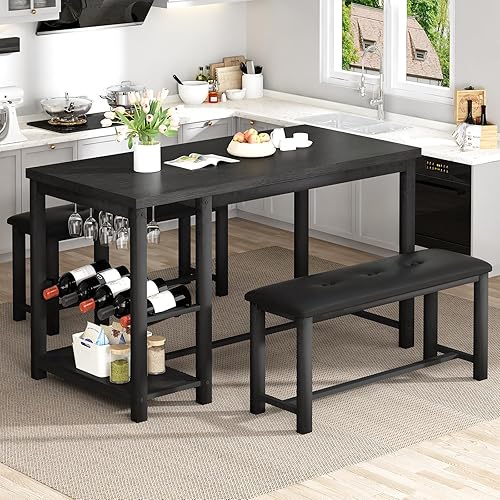 DKLGG Juego de mesa de comedor para 2-4 personas, mesa de cocina pequeña con estante para vino, estantes de almacenamiento y soporte para copas de