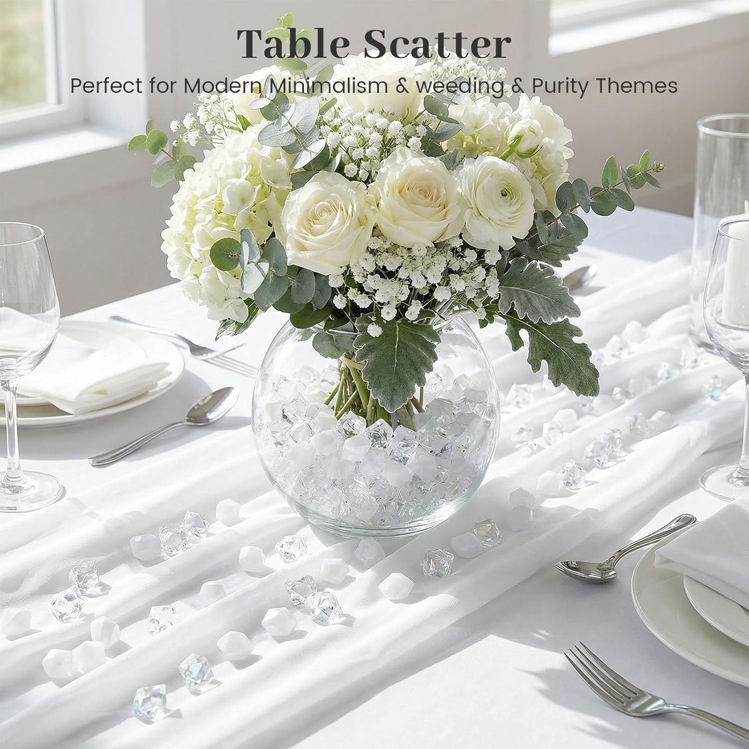 16 Glass Bud Vases, 1LB Clear Flat Glass Marbles, 300PCS Large Acrylic Ice Rocks (Clear & White) - All-in-One Vase Filler & Table Scatter Set for Home Decor Party Events