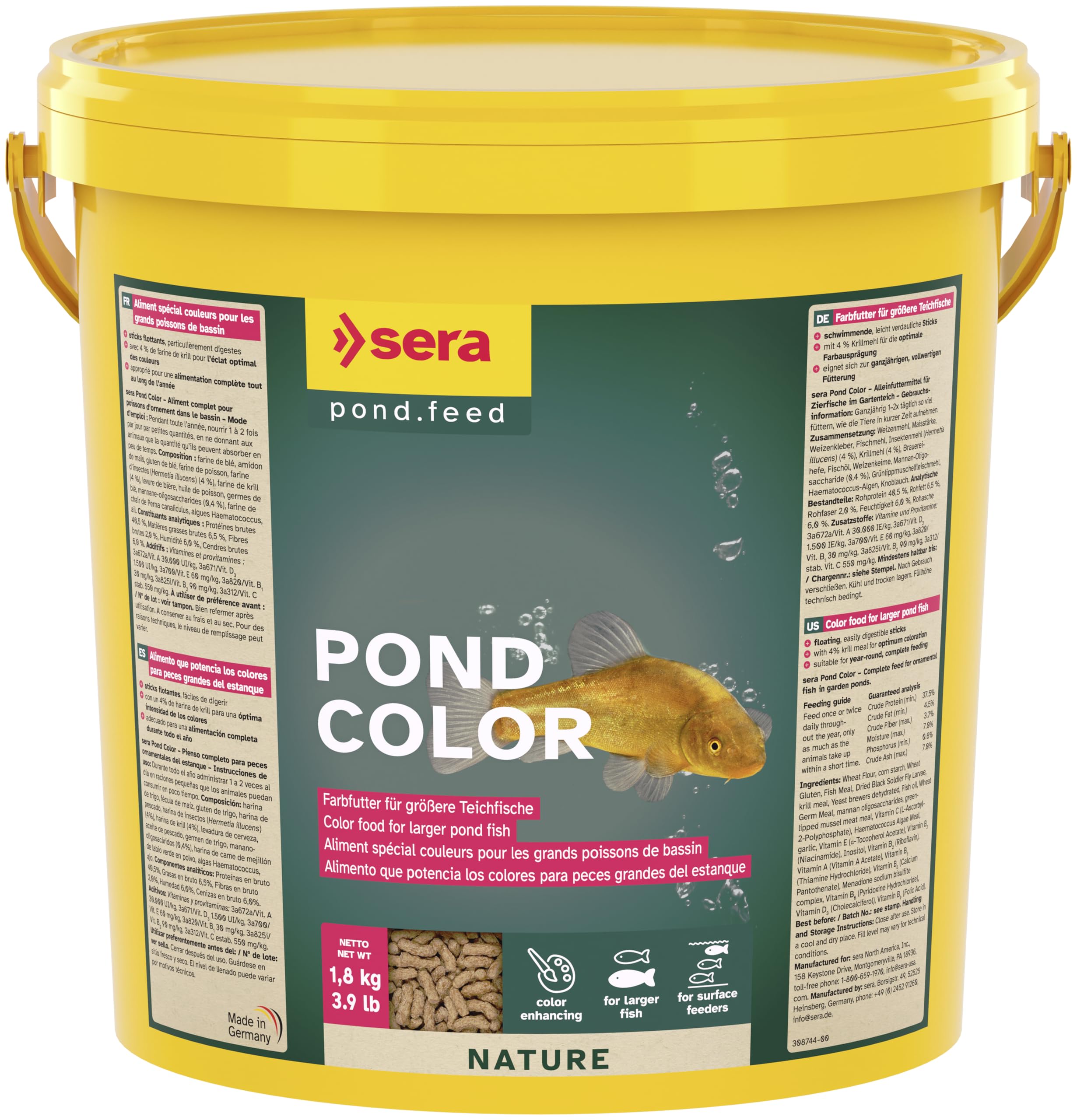 Sera Pond Color 10 L 1.8 kg | Colour Enhancing Food for Large Pond Fish | with 4% Carotenoid Rich Krill Flour