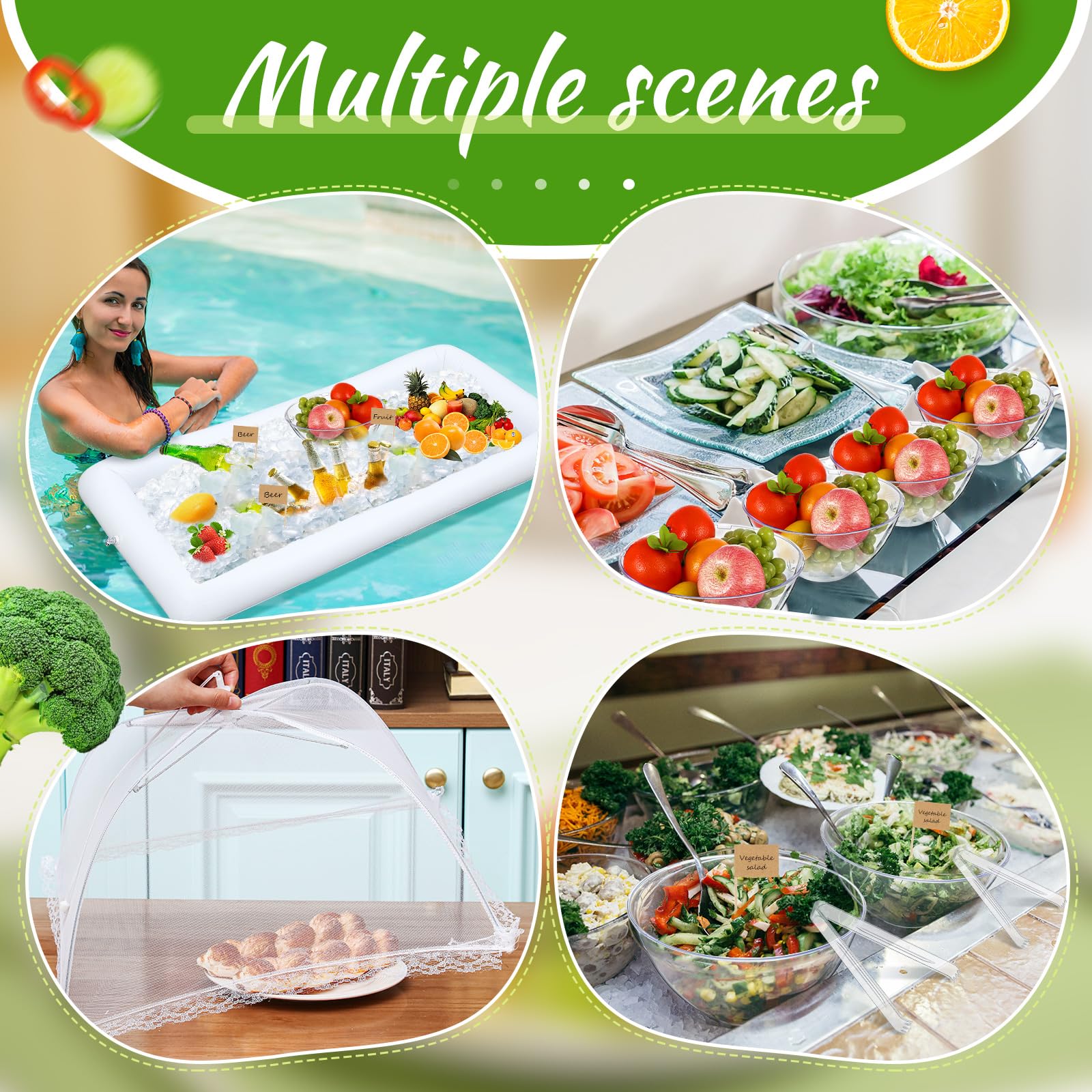 FillTouch Juego de 128 barras de servir, 2 barras inflables para servir con 3 cubiertas de malla para alimentos, 6 cuencos de ensalada con 12 utensilios para servir, 5 bandejas redondas de plástico