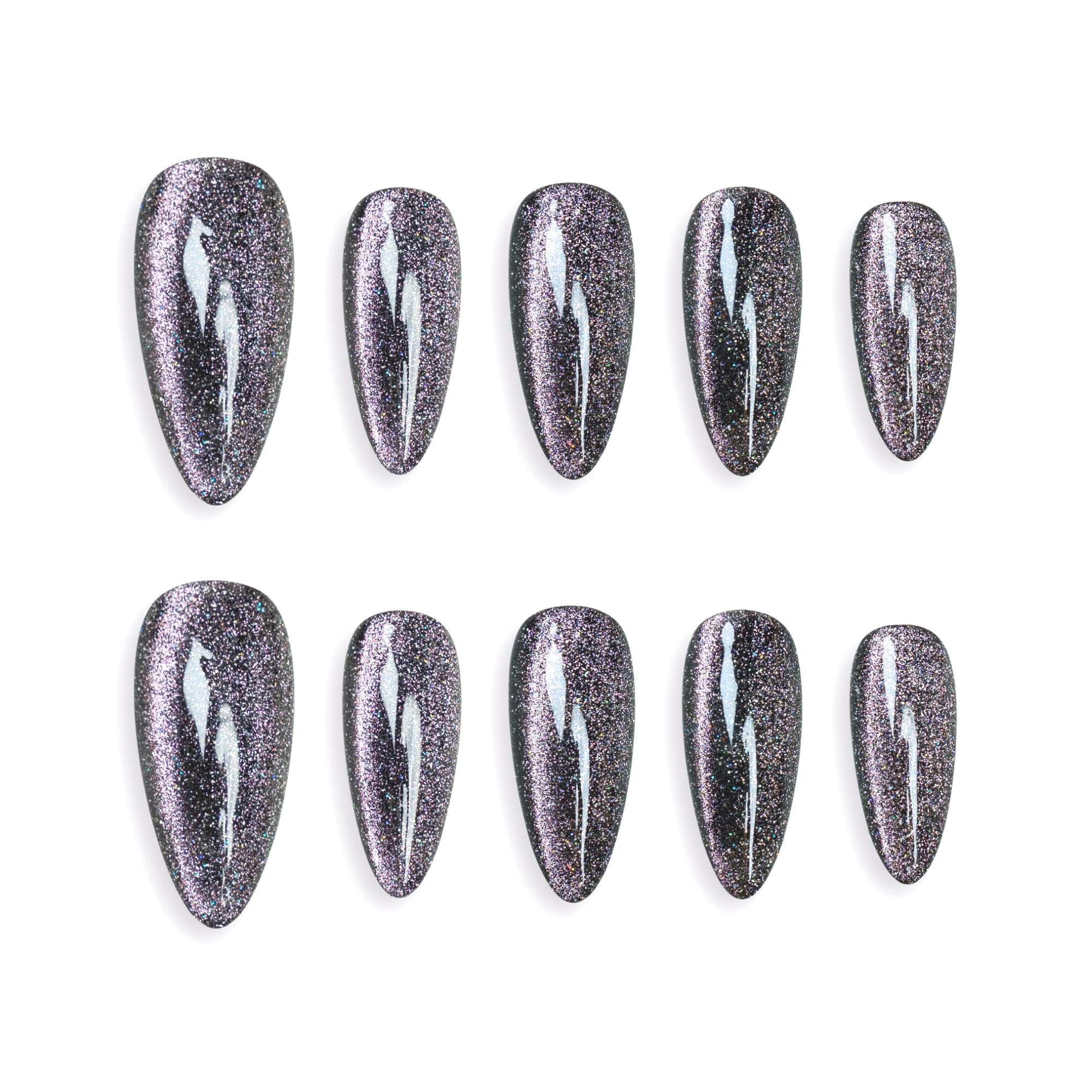 Sun&Beam Nails Handmade Press-on Medium Long Almond Black Pink Cat Eye Design Charming False Nail Tips 10 Pcs (#126 S)