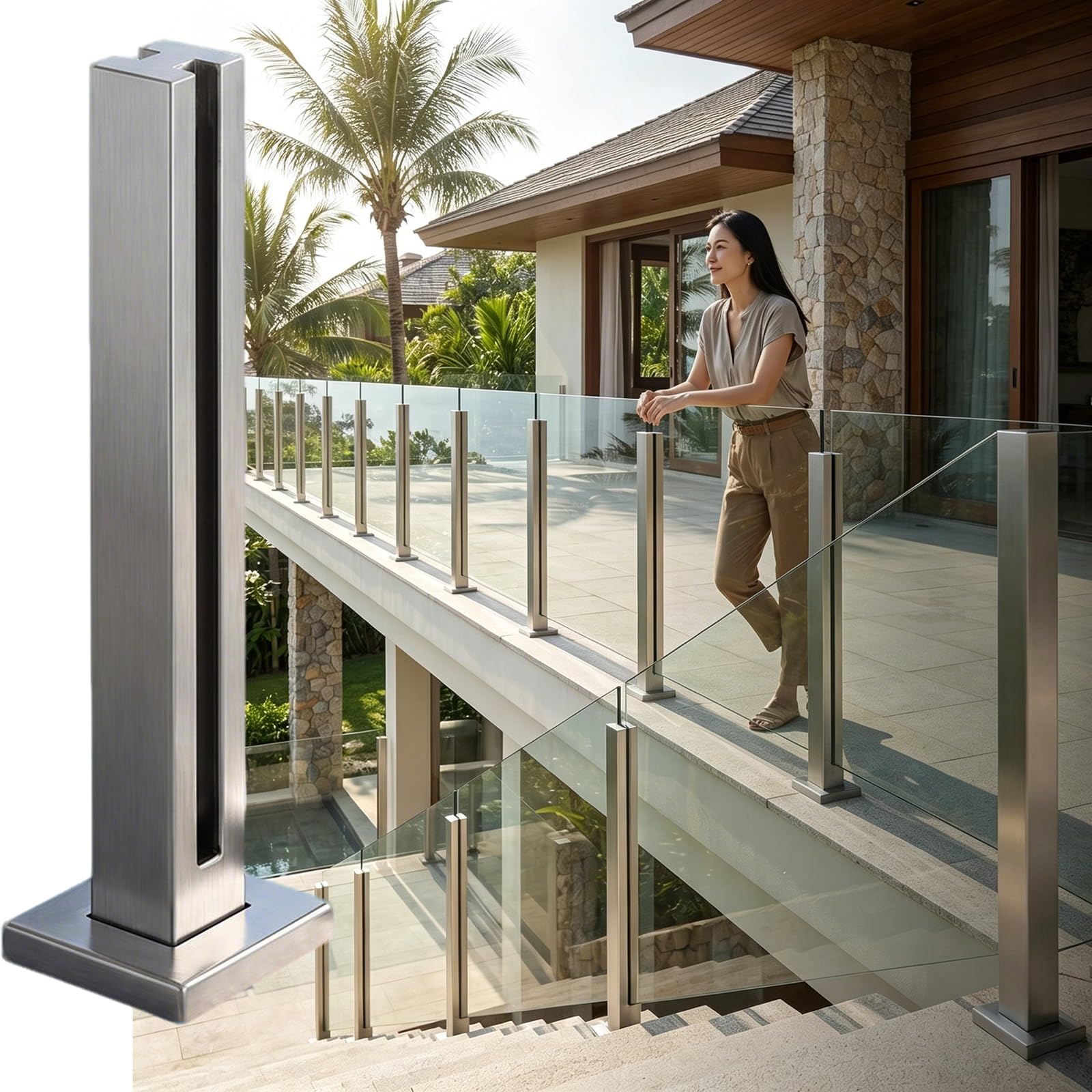 ZAQYCM Frameless Glass Fence Clamps with Slot And Base, Indoor Outdoor Deck Balcony Patio Terrace Platform Landing Guardrail Panels Balustrade Post, Fits 3/8-1/2in Glass(Silver Mid Post,85cm/33.5 in)