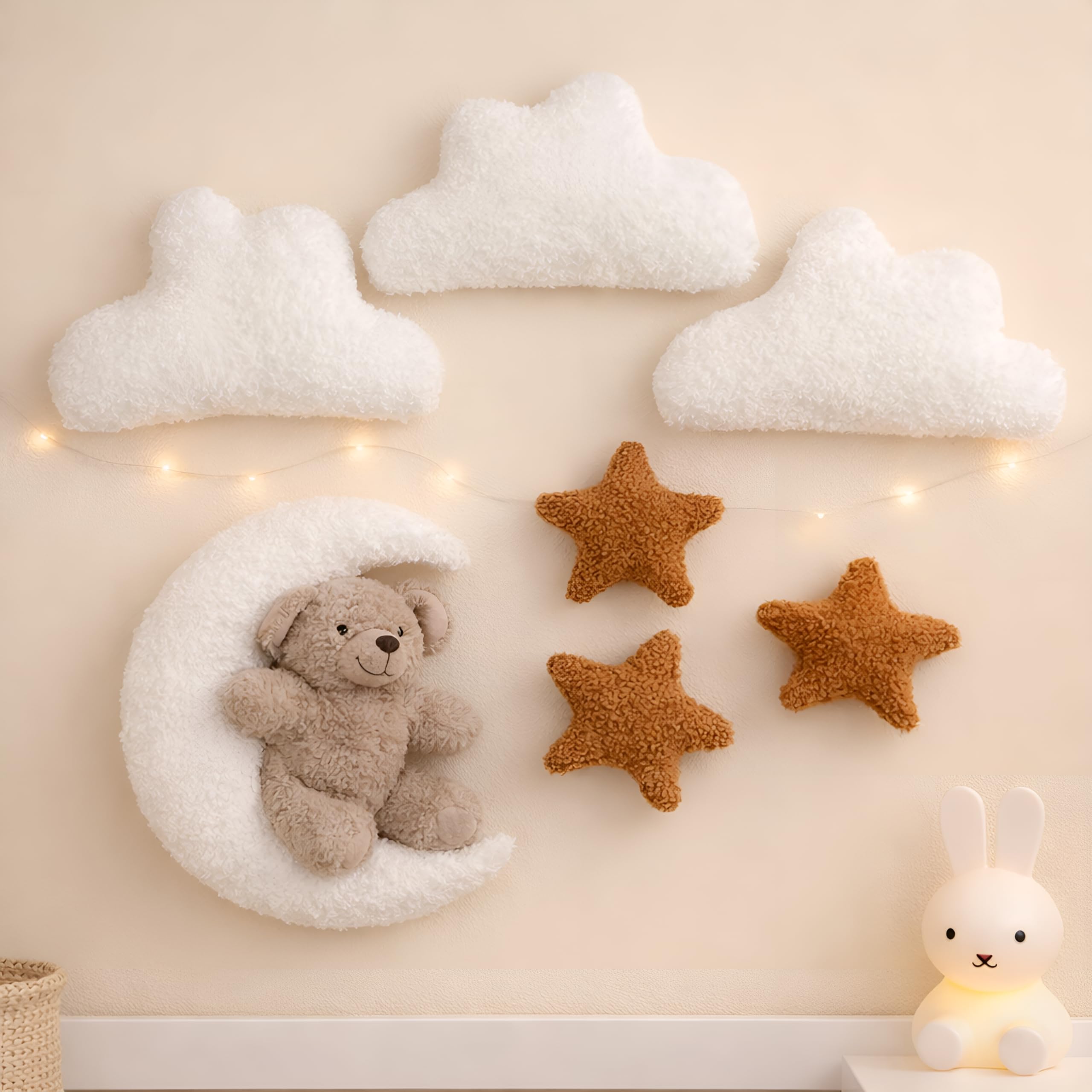 Photo 1 of Chumia 7 Pcs Teddy Bear Nursery Wall Decor Boho Nursery Wall Art with Clouds Moon Star Soft Baby Room Decor Gender Neutral for Bedroom Decoration