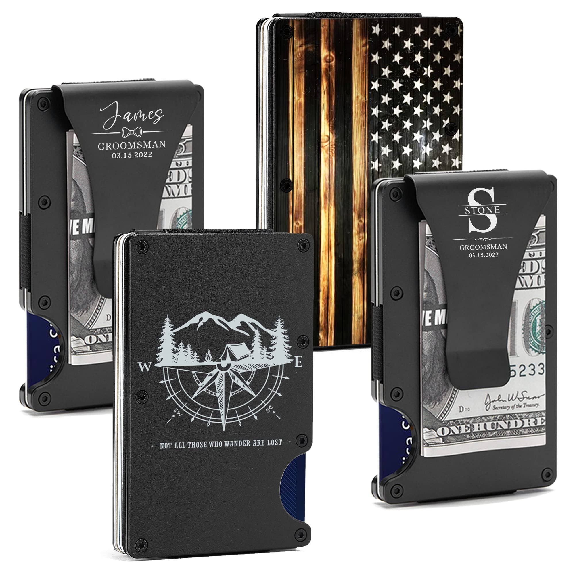 Men Minimalist Wallets for Husband Boyfriend Dad Son - Personalized Custom Aluminum Front Pocket Money Clip - RFID Blocking Slim Engraved Metal Credit Card Holder for Travel Business, Landscape Compass-Green, Minimalist