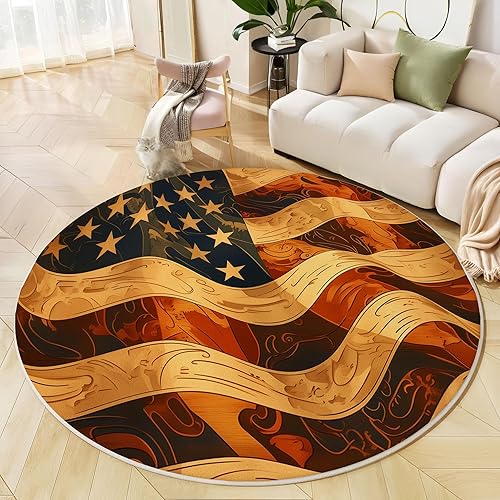 Washable Large Round Area Rug for Living Room, American Flag Round Rugs 6Ft Non Slip, Soft Circle Carpet for Bedroom Dining Room Under Table, Rust